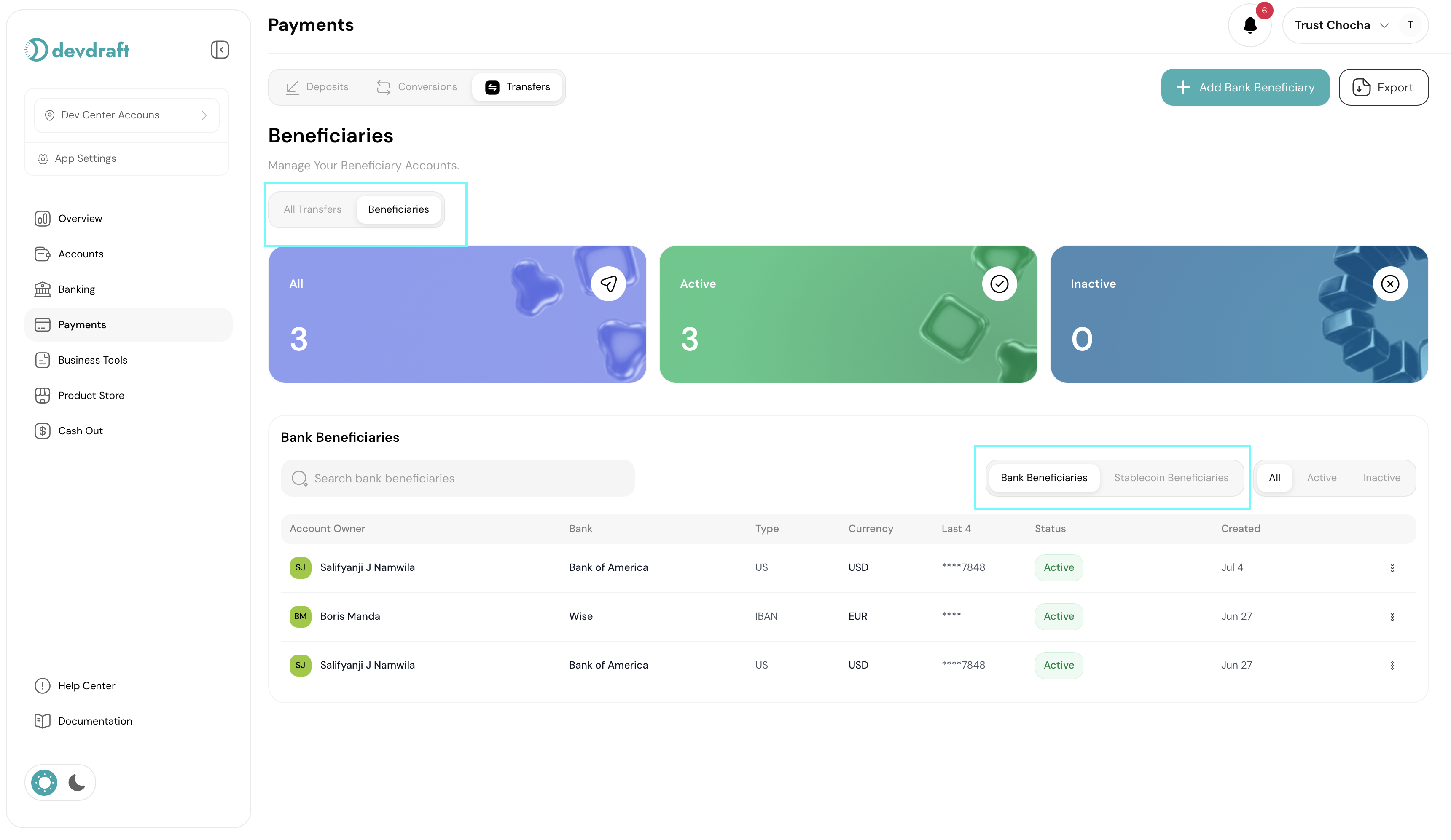 Redesigned transfers interface