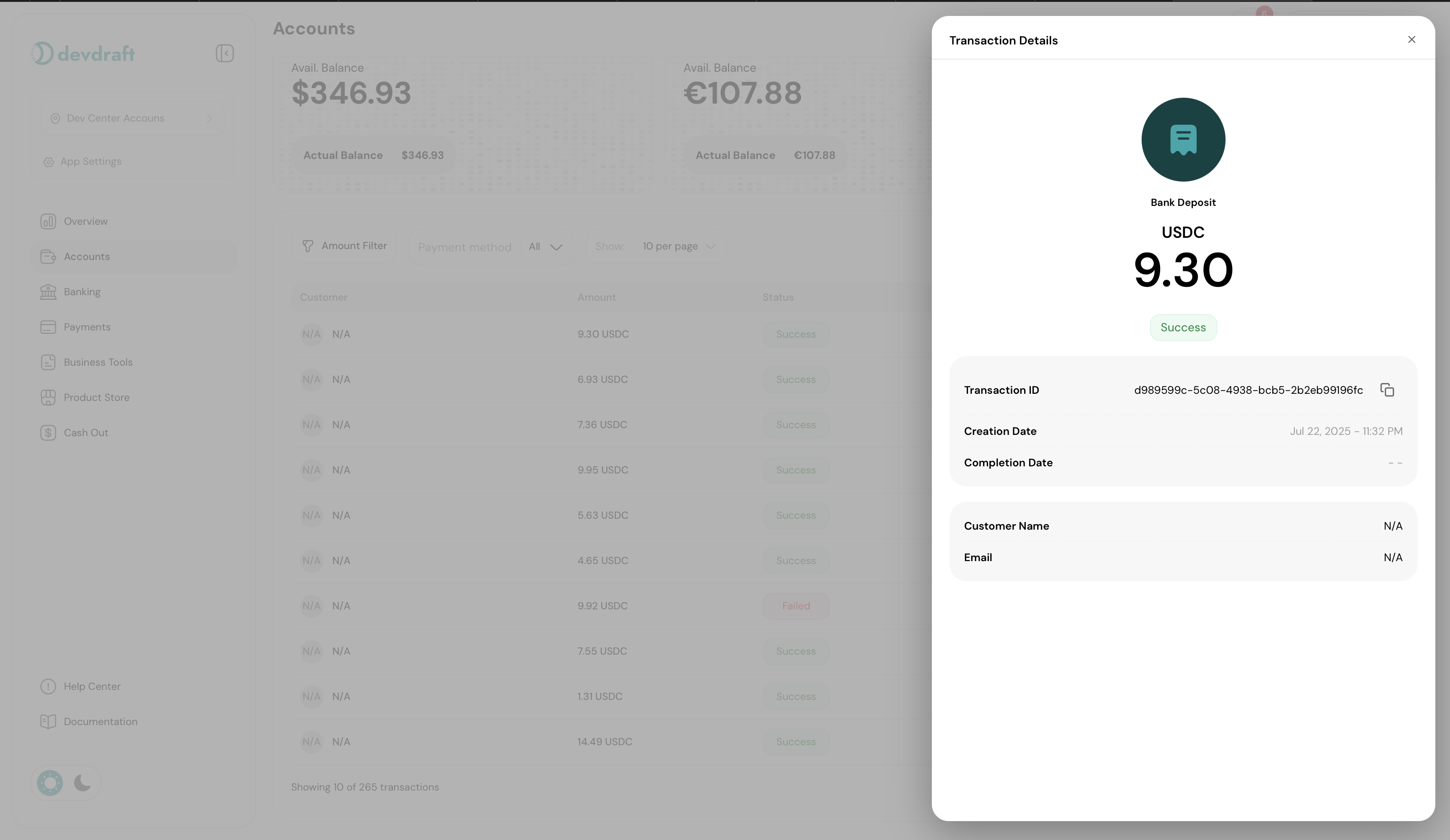 Transaction details view