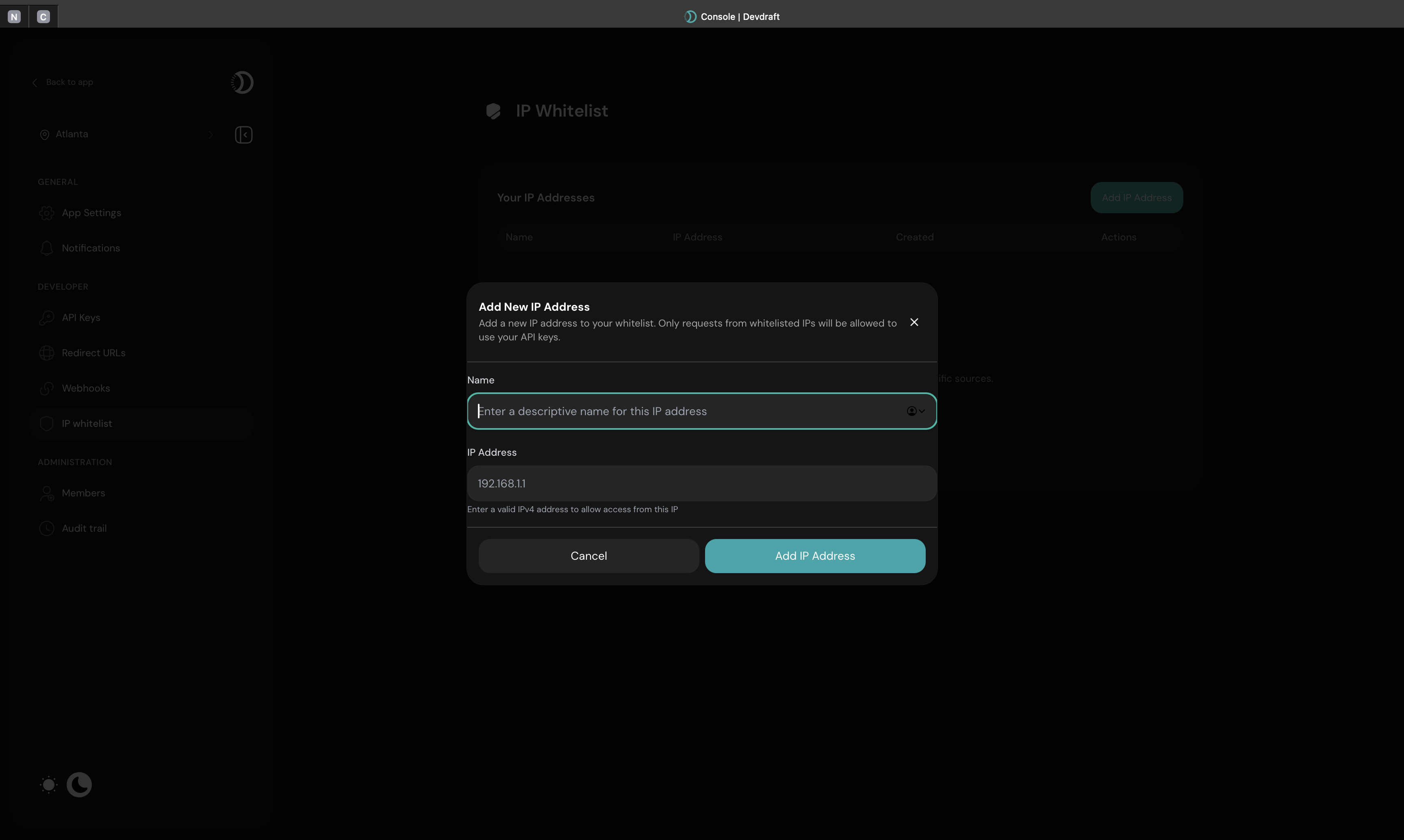 Add IP address interface for whitelisting - dark mode