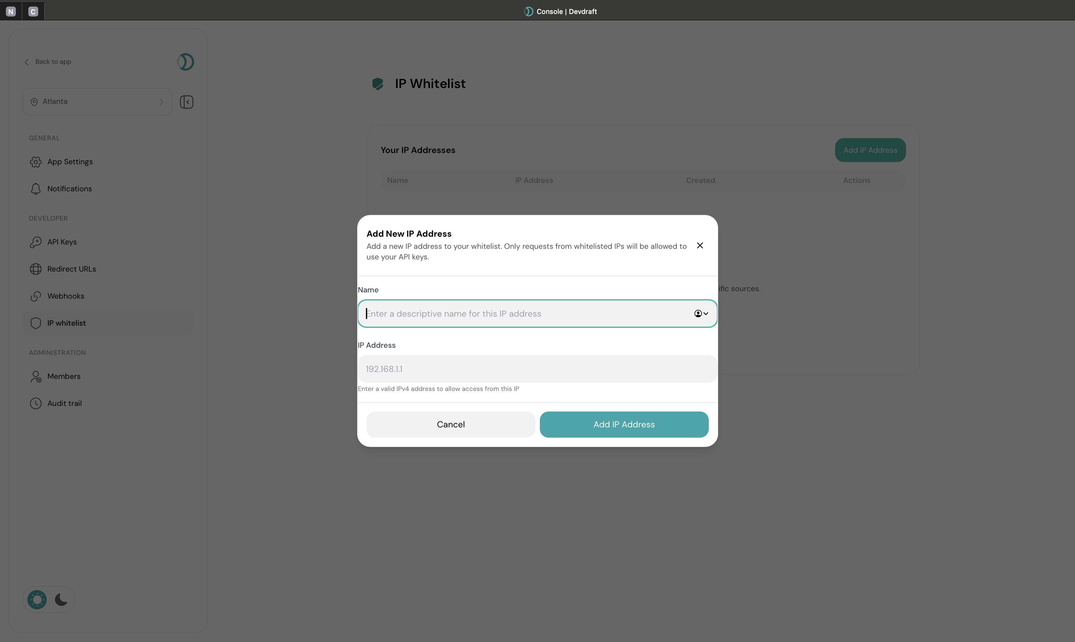 Add IP address interface for whitelisting - light mode