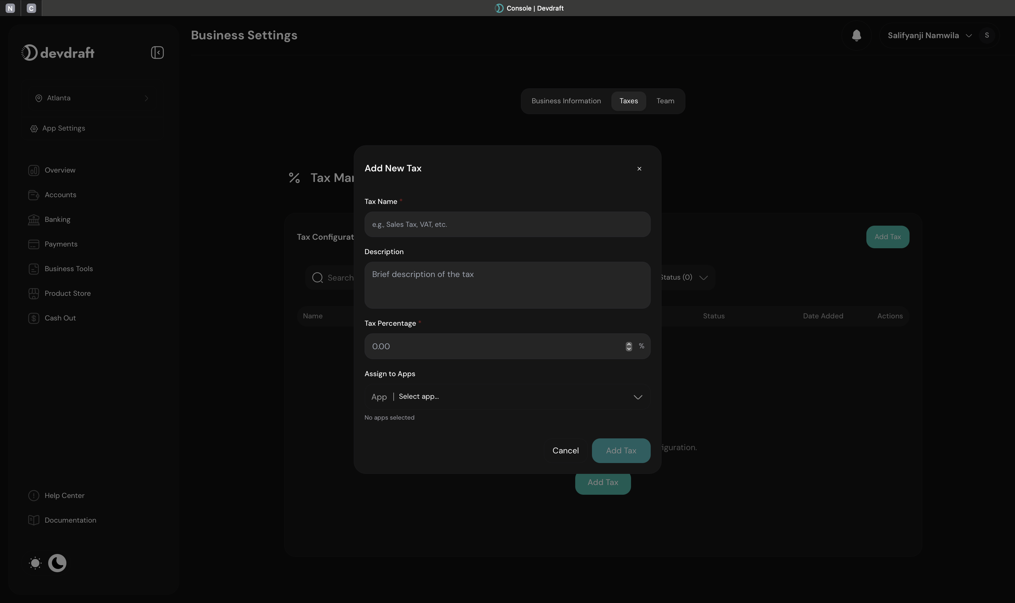Add tax configuration interface with rate and rule settings - dark mode
