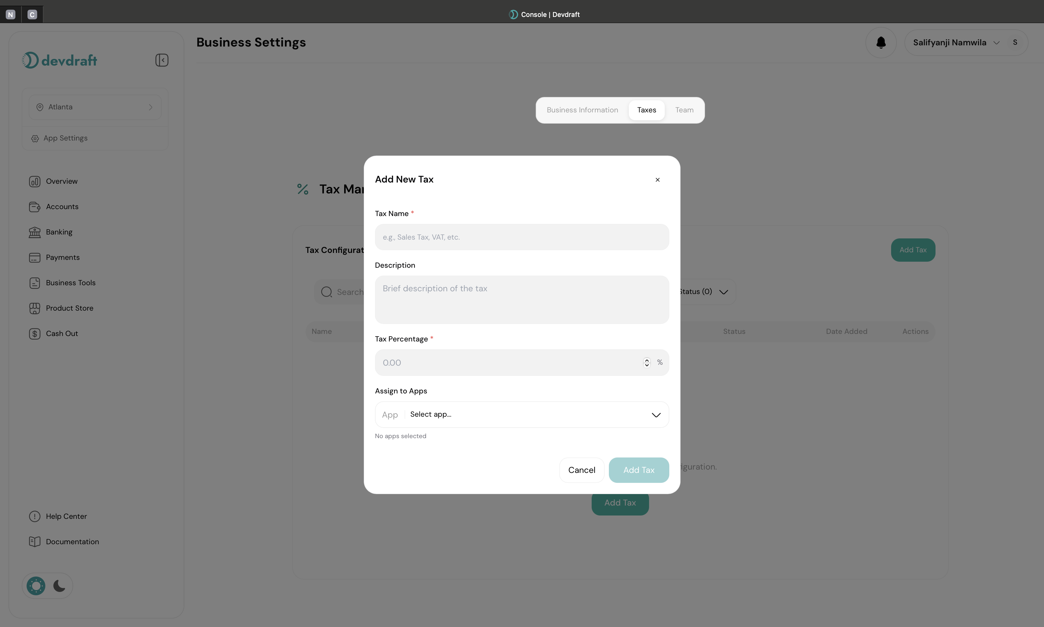 Add tax configuration interface with rate and rule settings - light mode