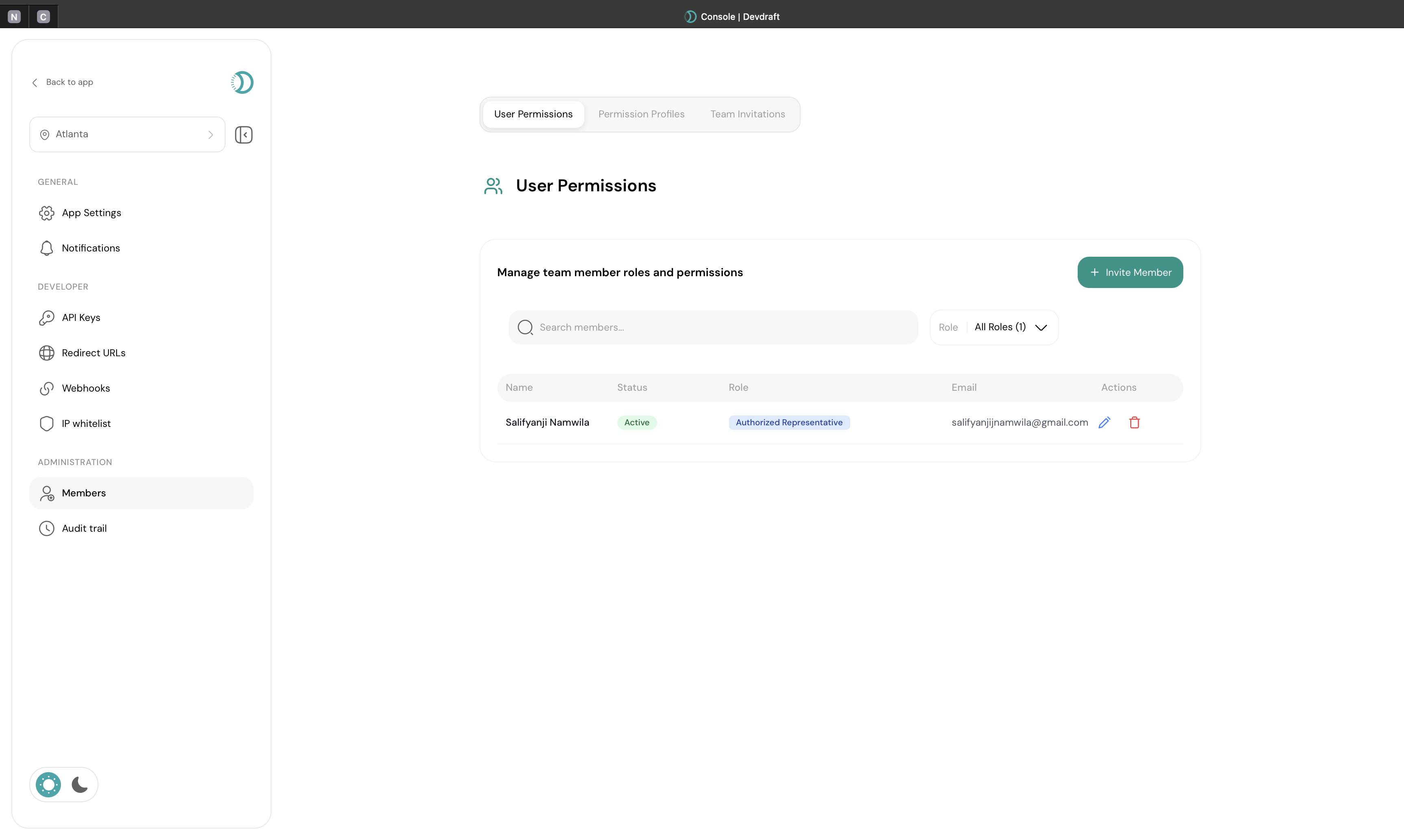 Team members overview showing names, roles, and status - light mode