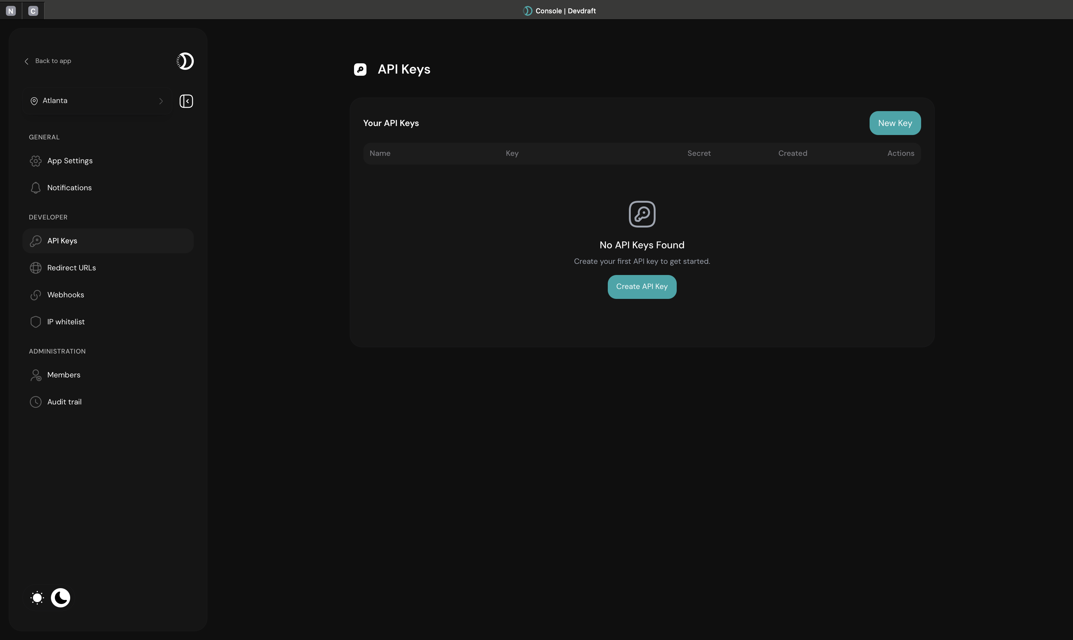 API Keys management dashboard showing created keys and controls - dark mode