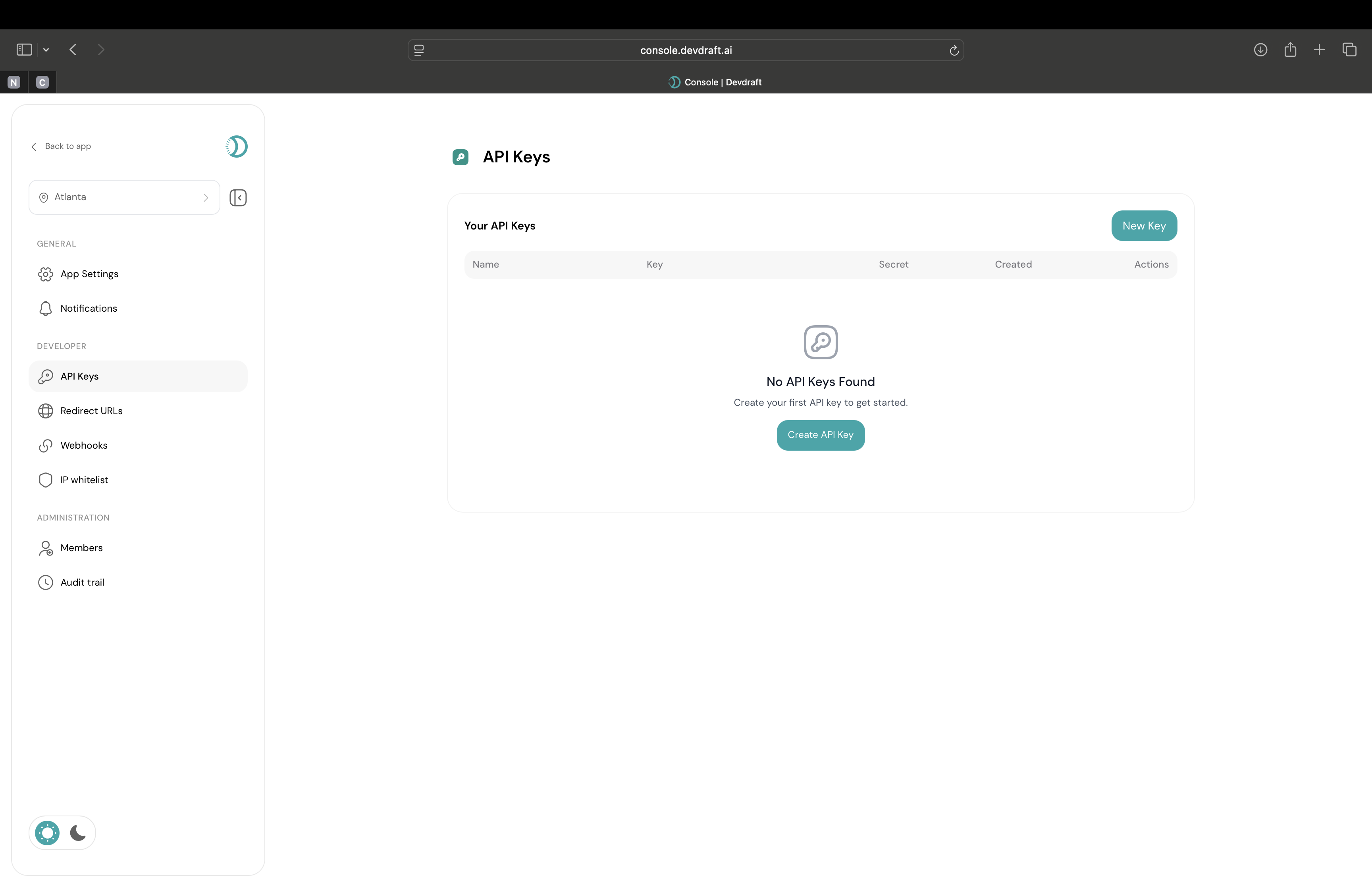 API Keys management dashboard showing created keys and controls - light mode