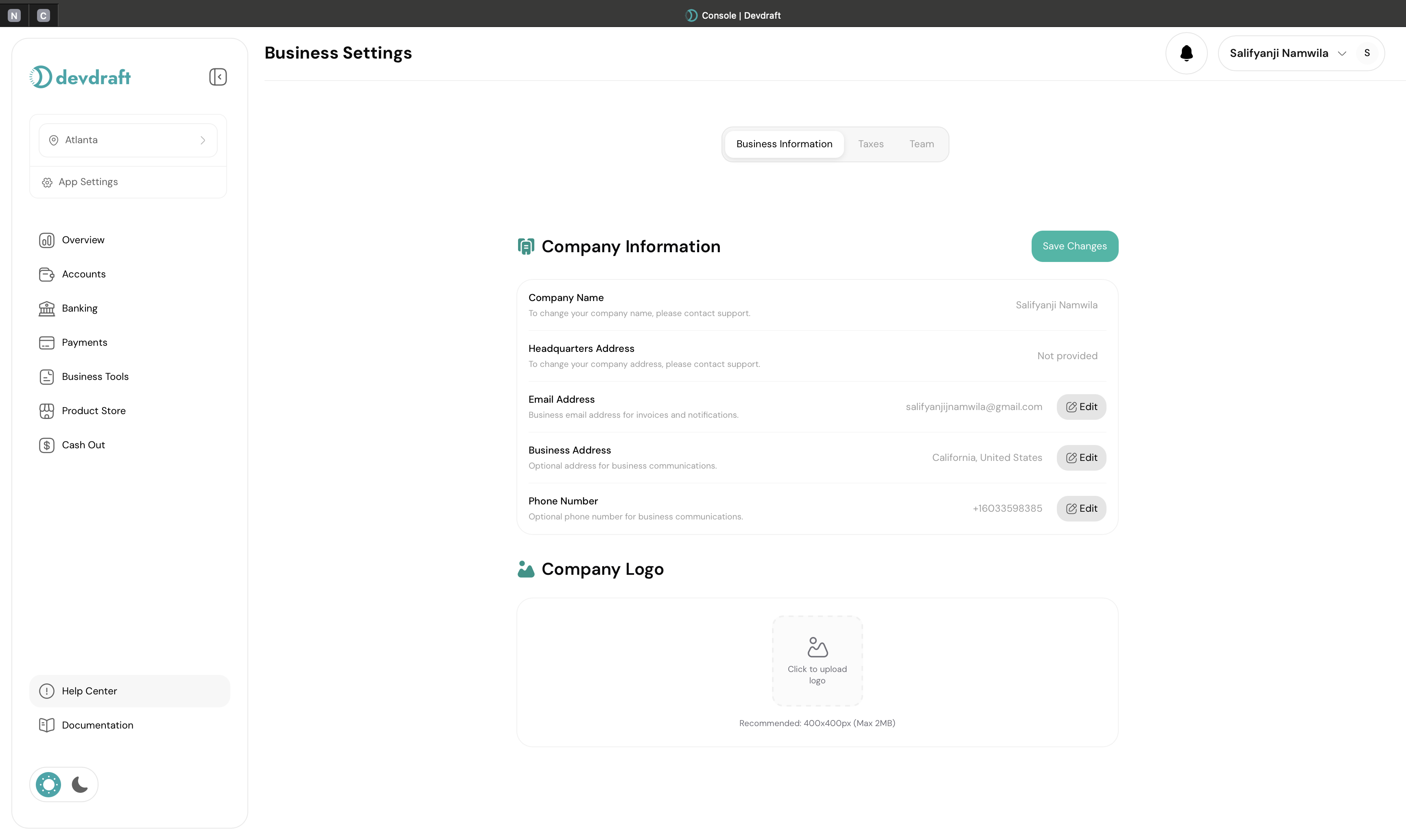 Business details configuration interface with company information - light mode