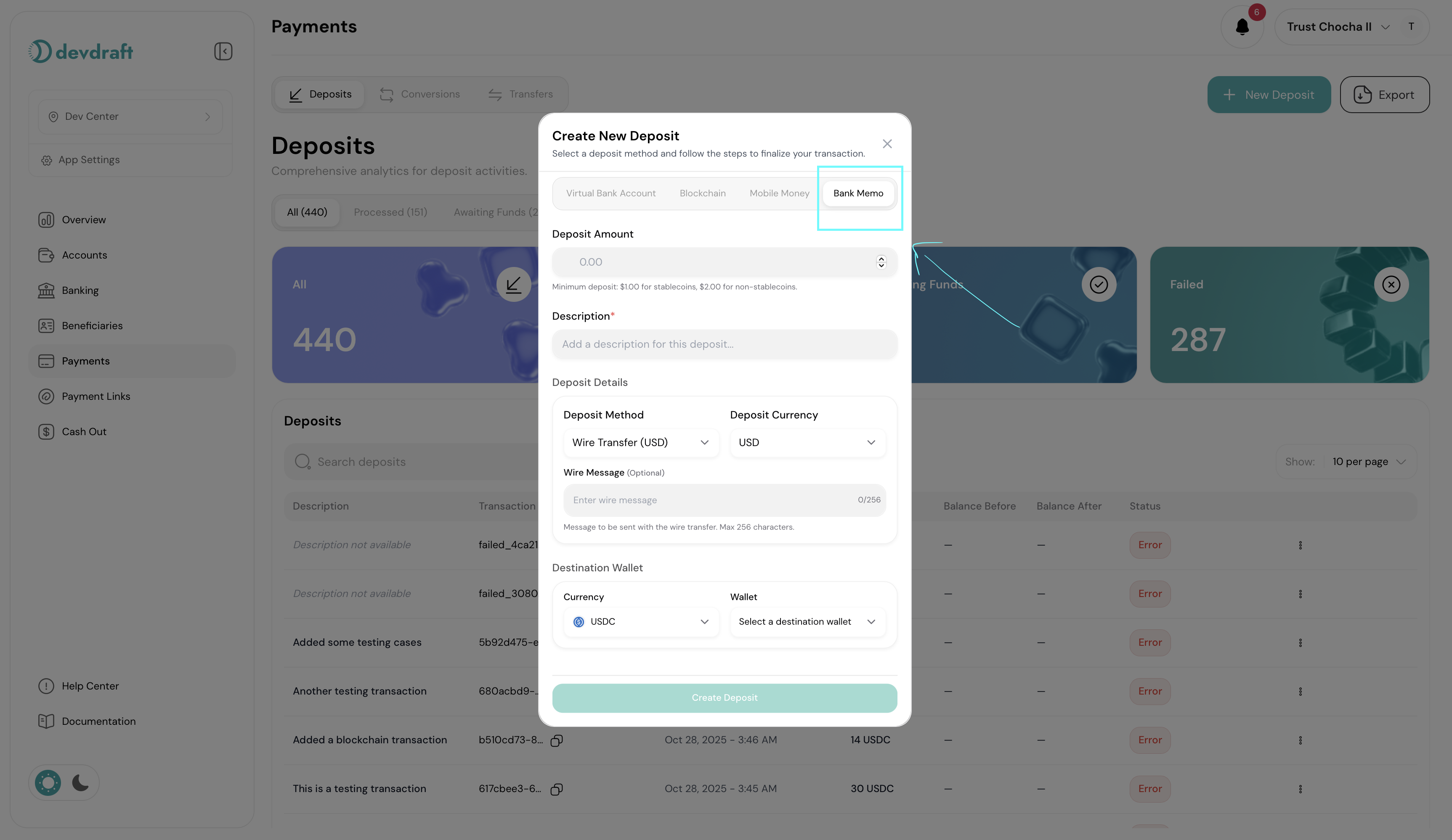 Navigate to Deposit and select Bank Memo
