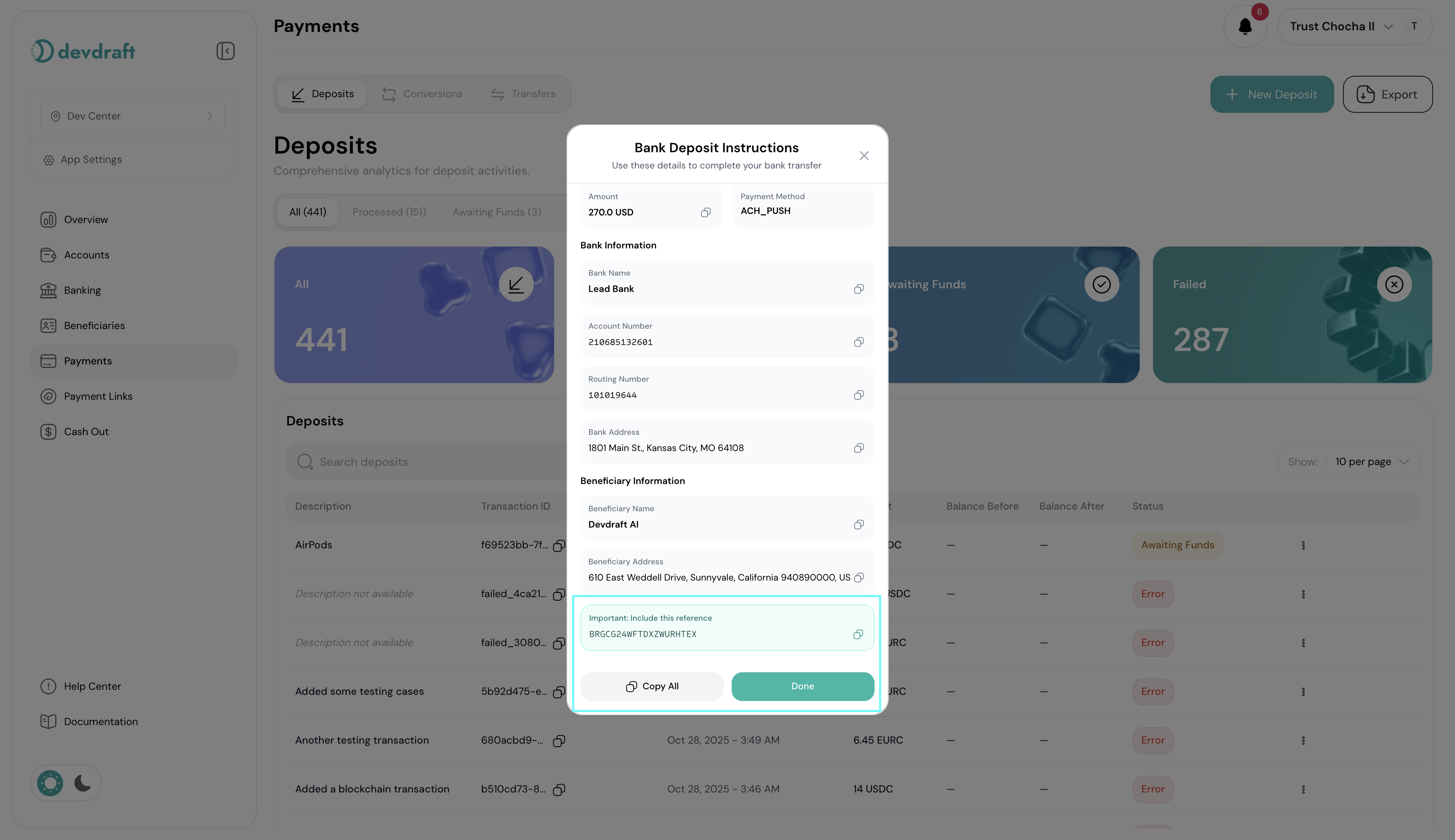 Generated bank memo with payment details