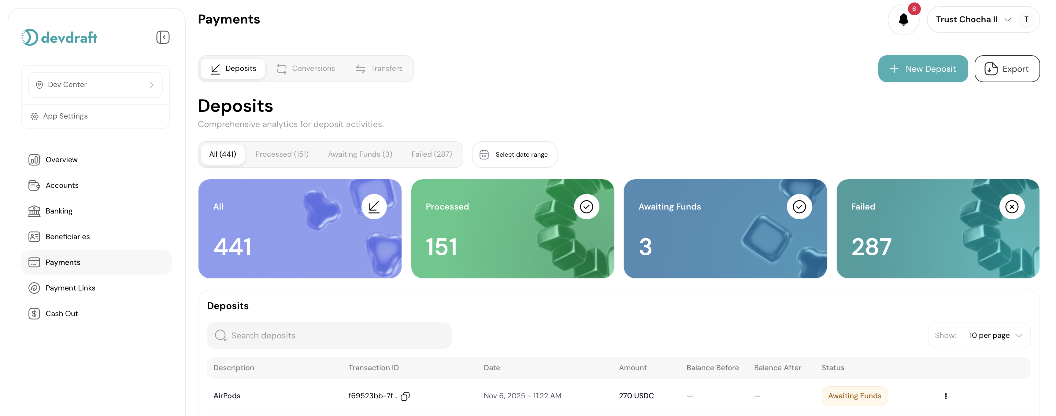 Payment received notification and transaction history