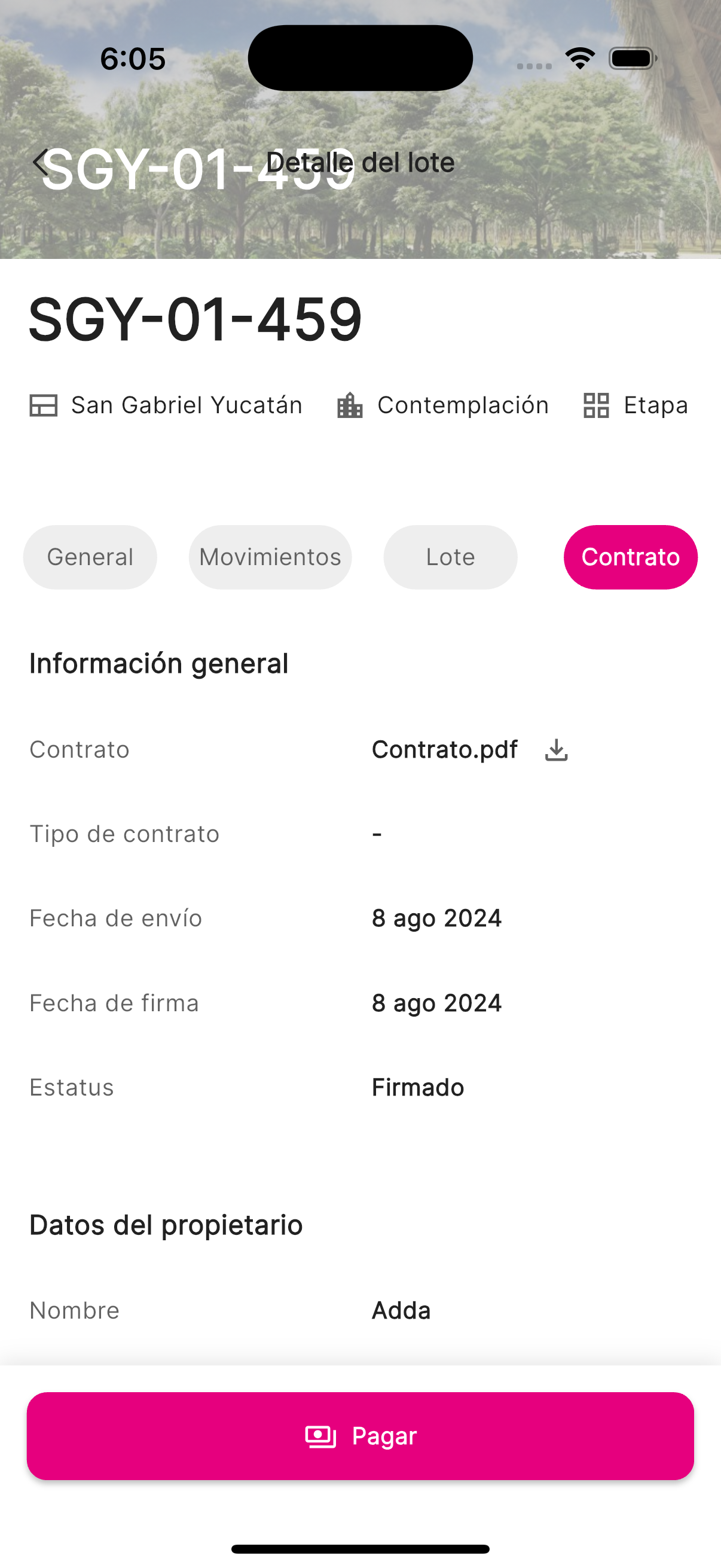 Información del contrato con detalles del propietario y estatus