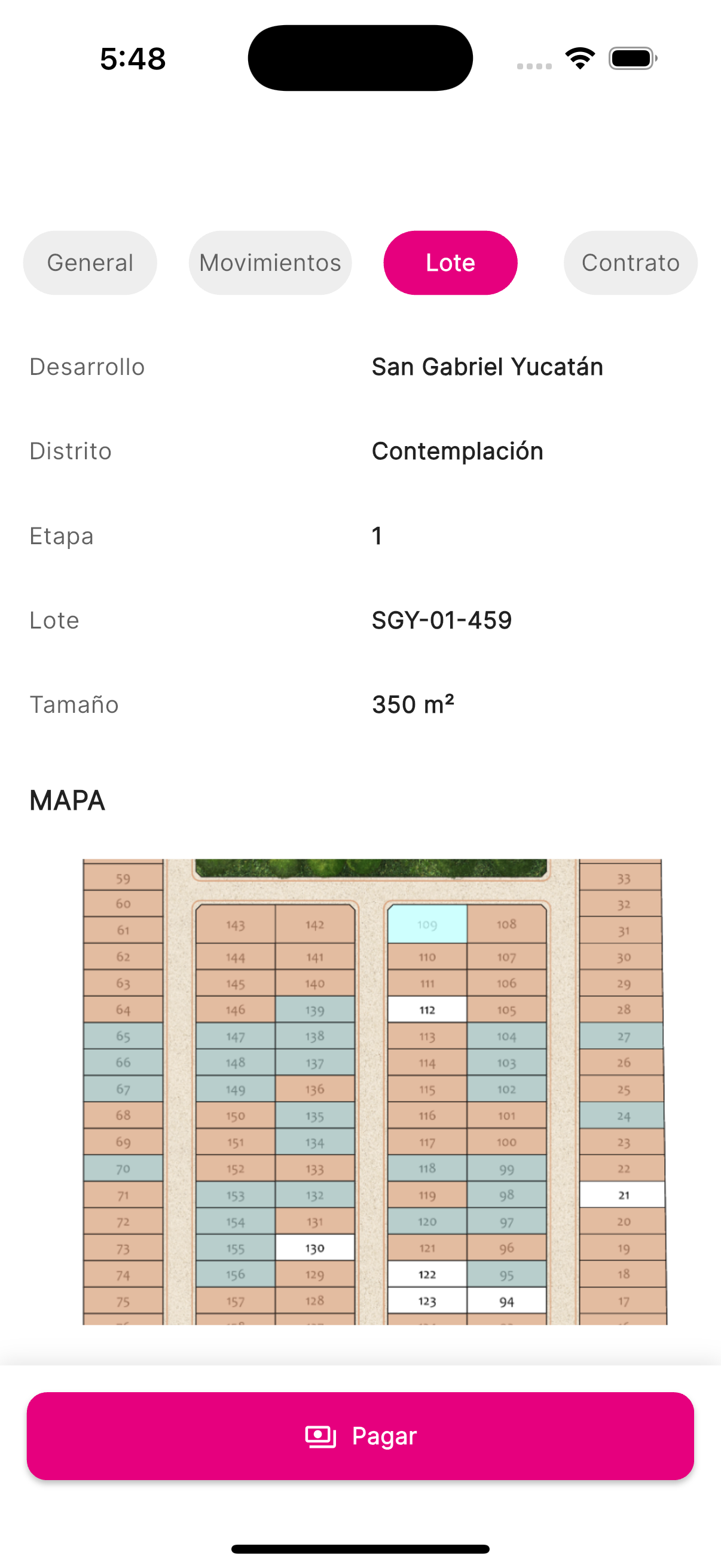 Información específica del lote con ubicación y características