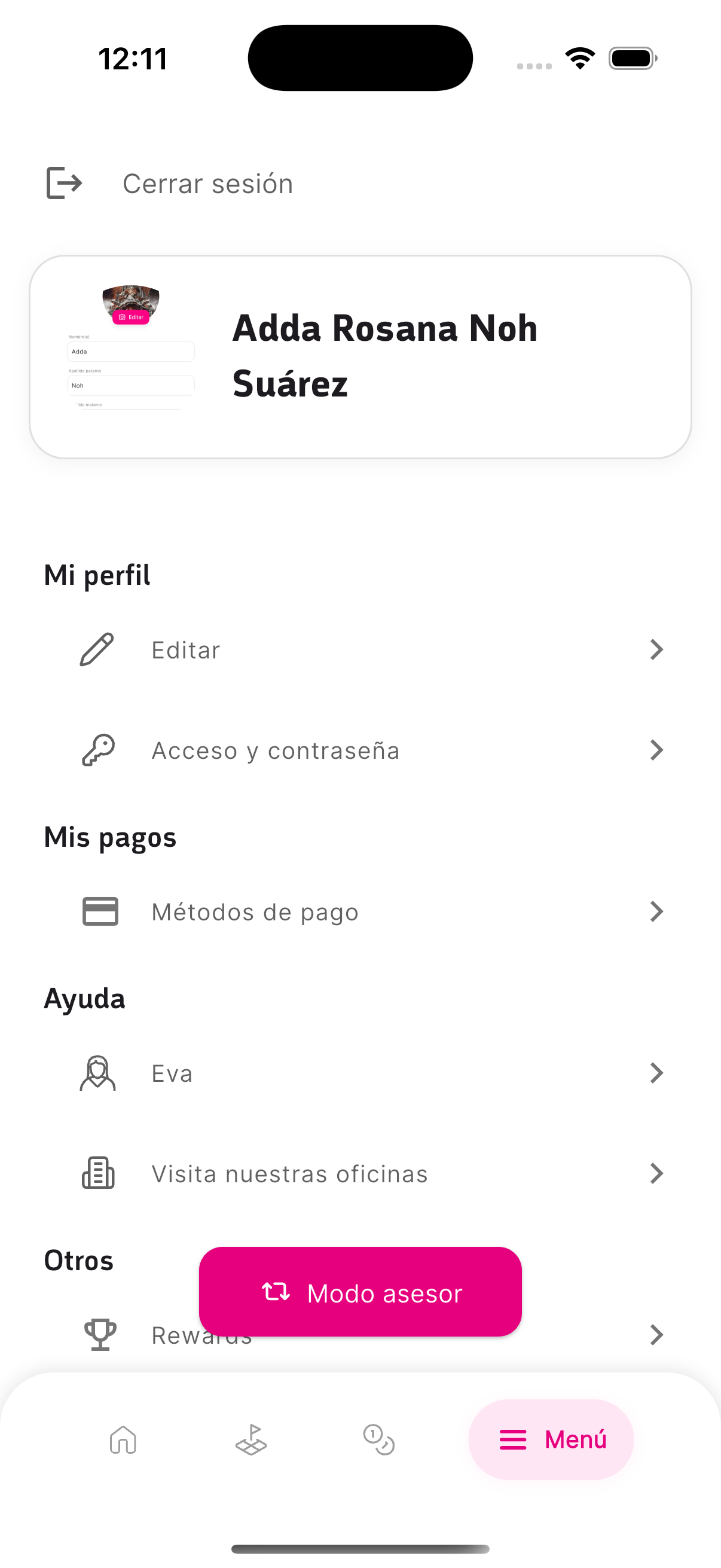 Menú principal de la app Colorinfinity para clientes mostrando opciones de configuración