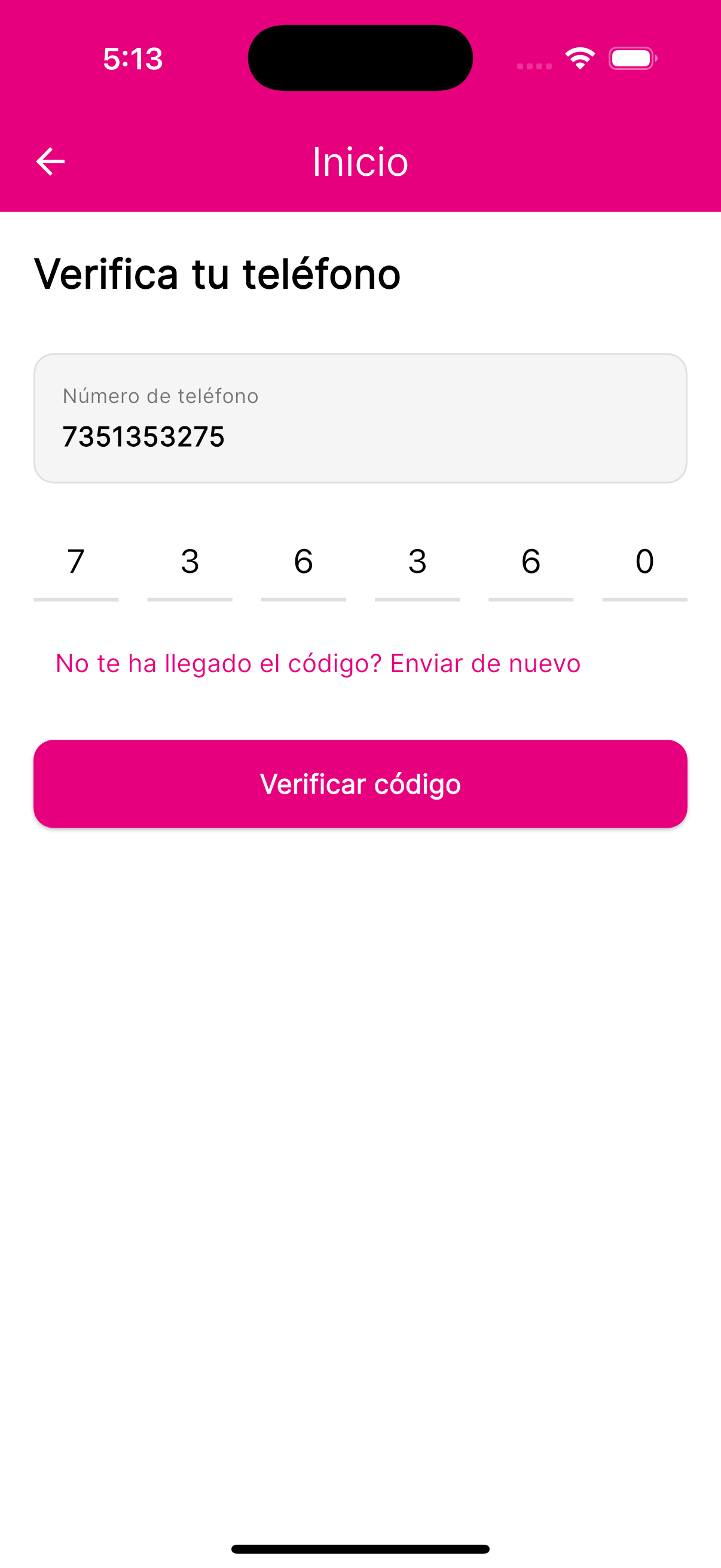 Pantalla confirmando que el código de verificación fue enviado
