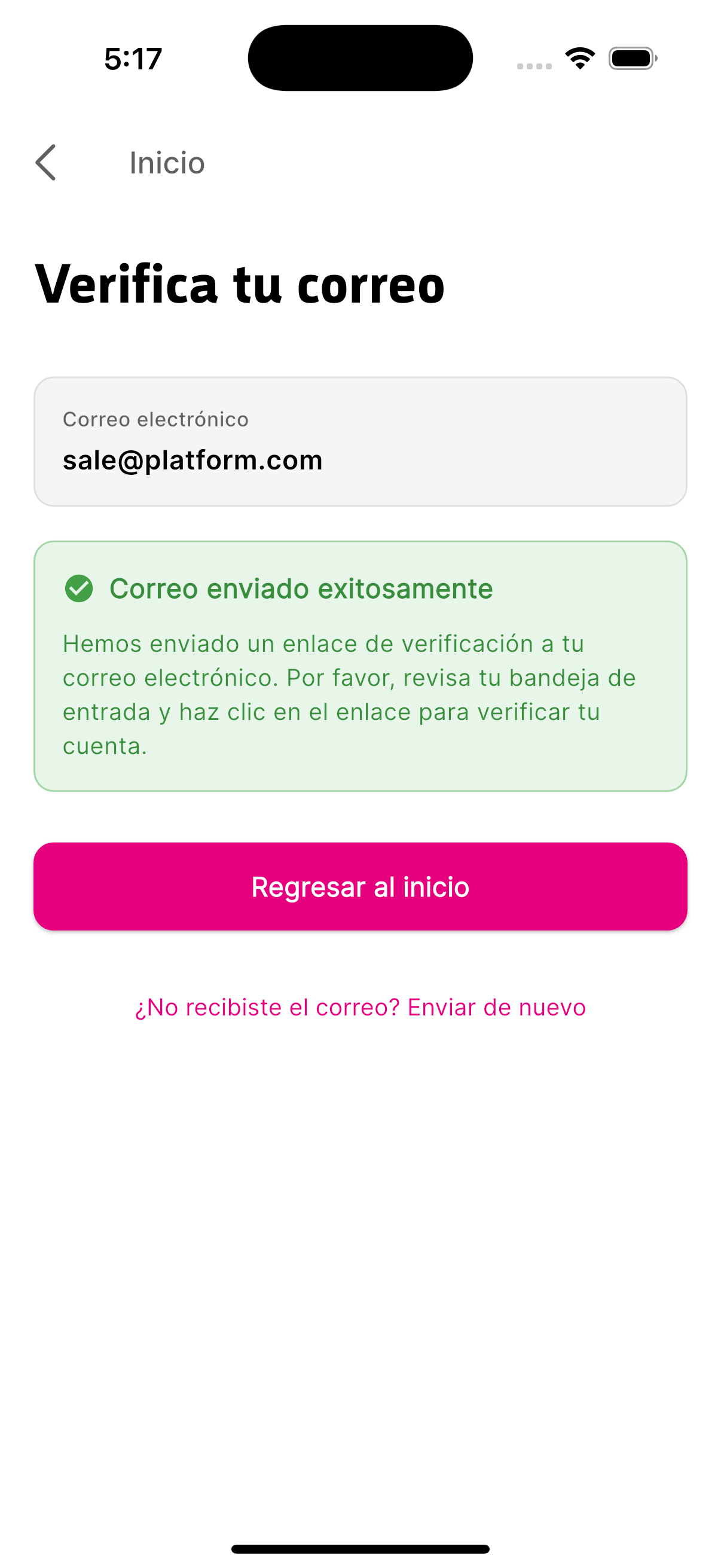 Pantalla confirmando que el enlace de verificación por correo fue enviado