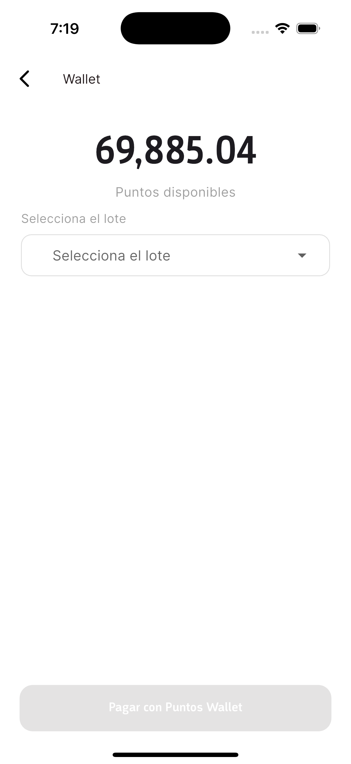 Pantalla para seleccionar lote en proceso de pago con puntos