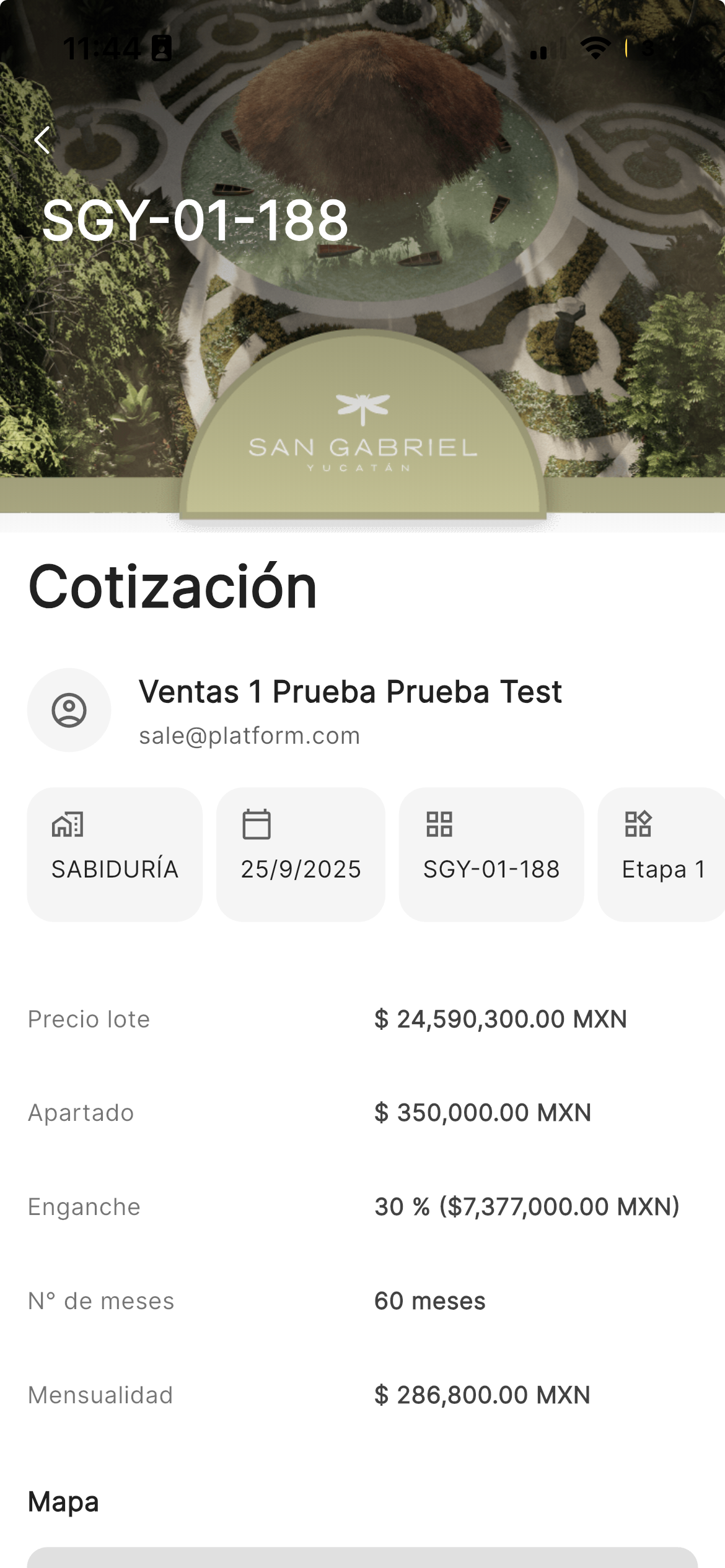 Detalle de venta mostrando información del lote y condiciones de pago