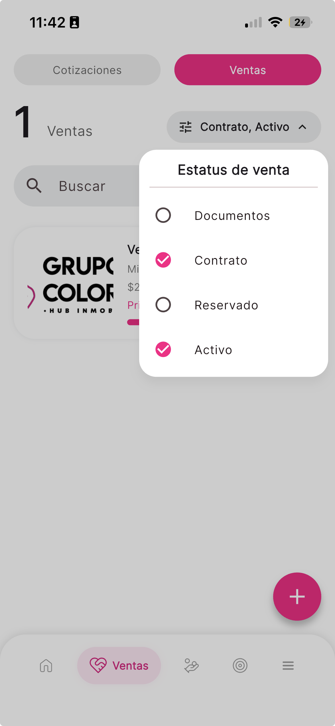 Vista principal de ventas en la app Colorinfinity mostrando etapas del proceso comercial