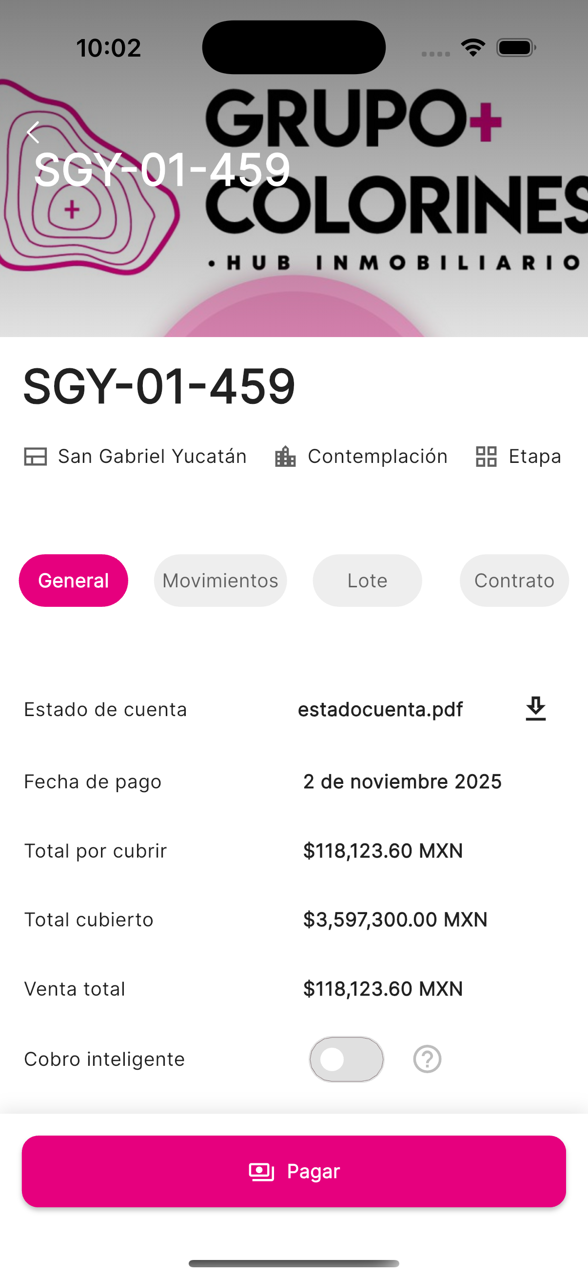 Información del contrato con detalles del propietario y estatus