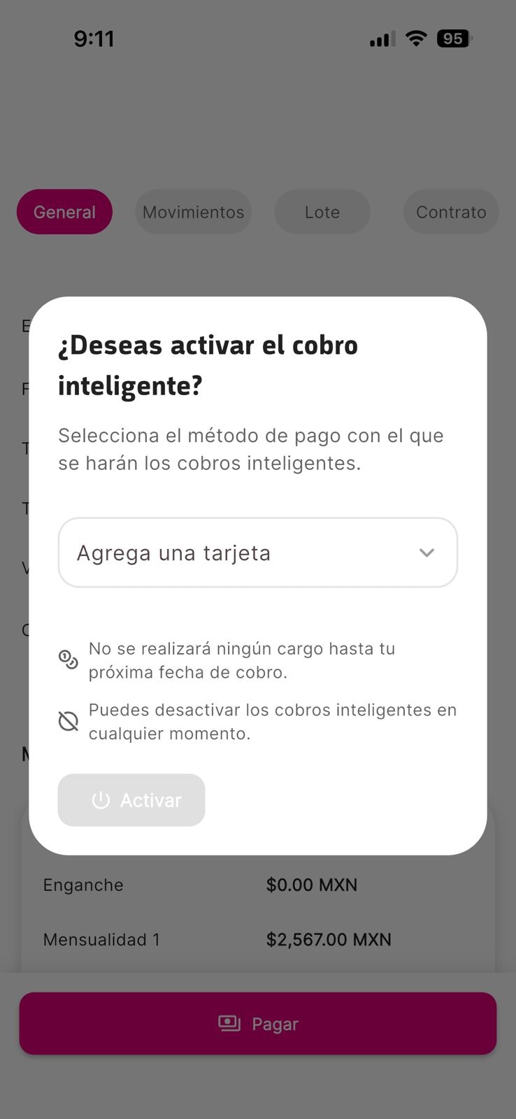 Información del contrato con detalles del propietario y estatus