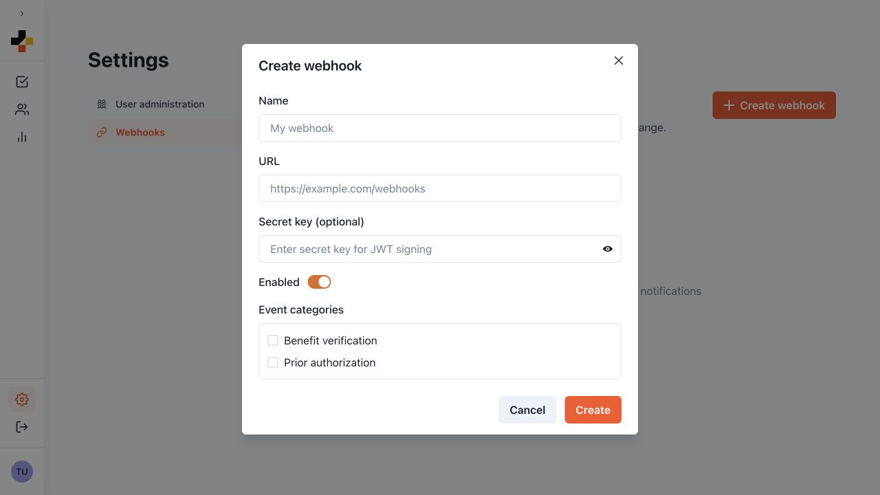 Create webhook form
