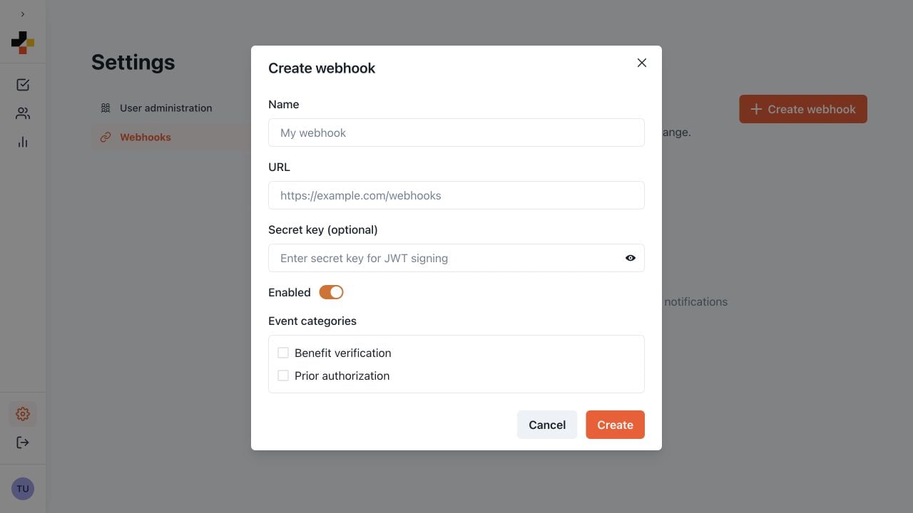 Create webhook form