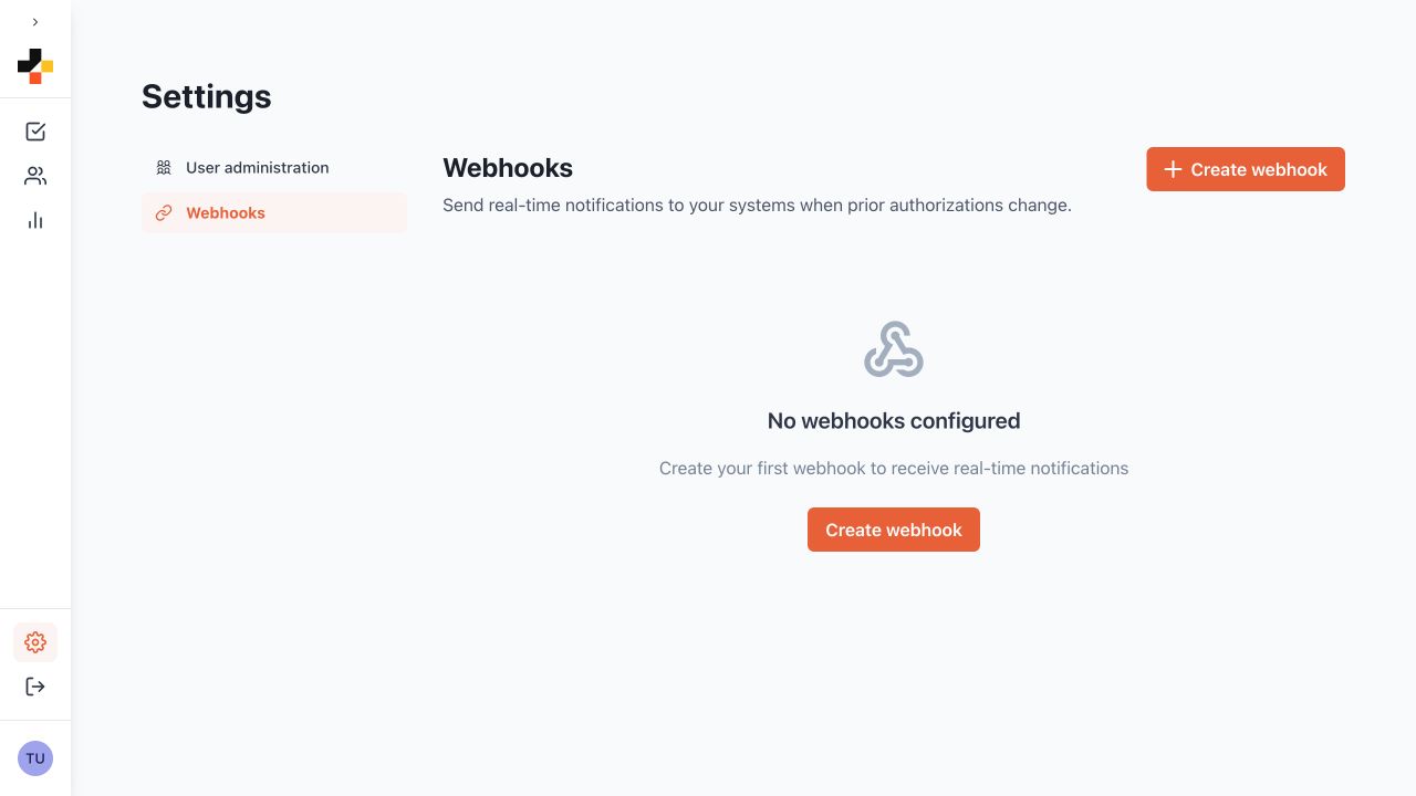 Webhooks section under Settings
