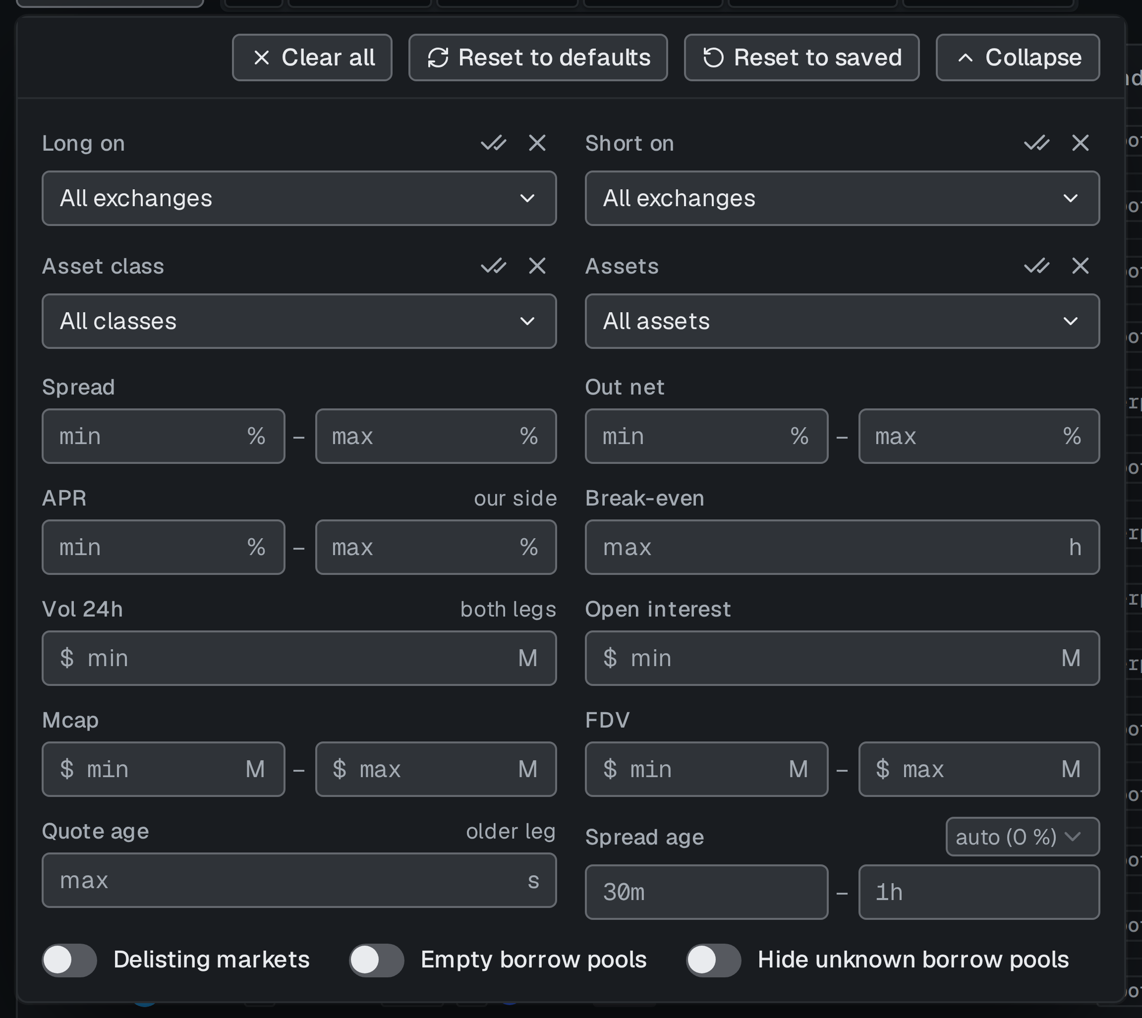 Filter panel with exchange pickers, asset class and asset pickers, numeric ranges and three switches
