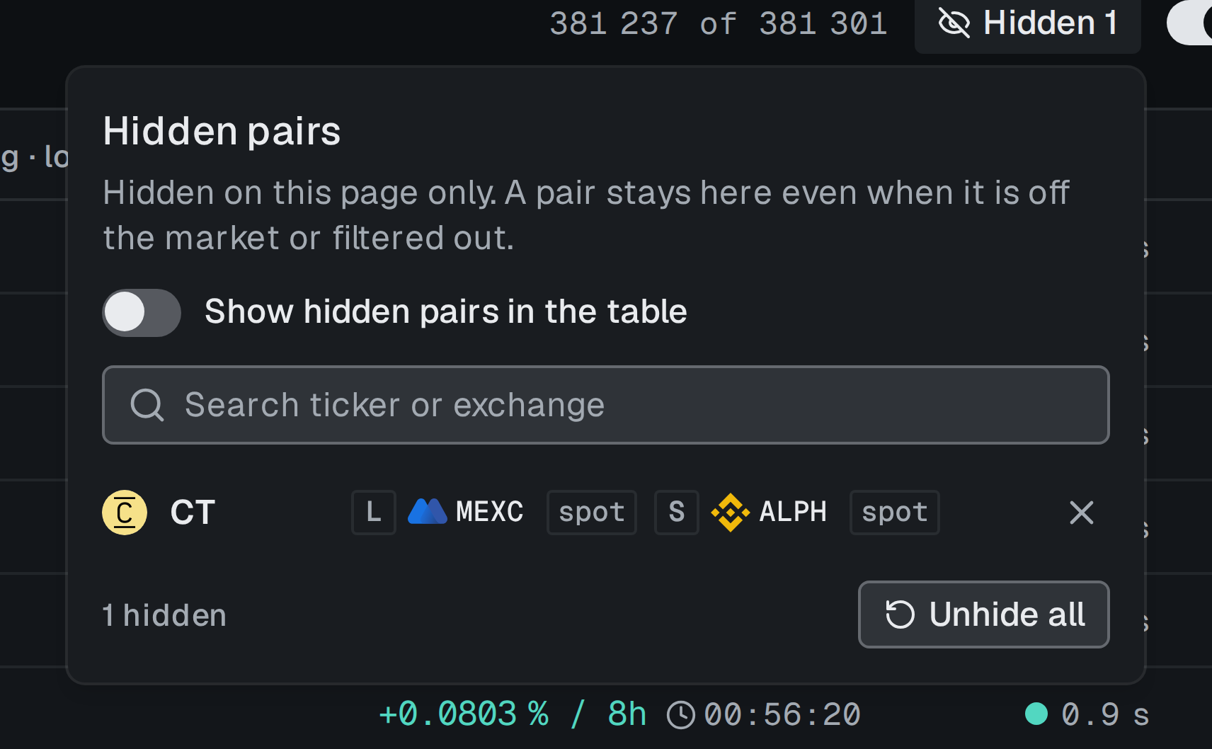 Hidden pairs panel with a search box, three hidden pairs and an Unhide all button