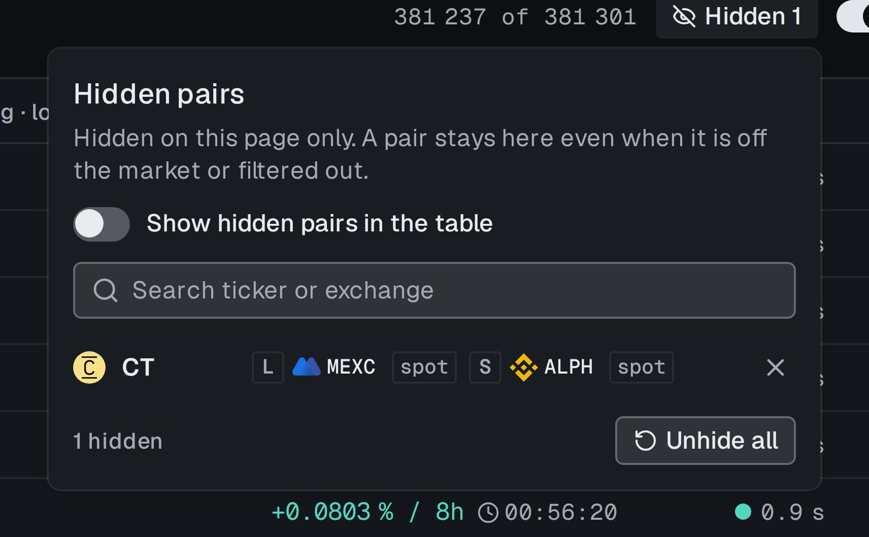 Hidden pairs panel with a search box, three hidden pairs and an Unhide all button