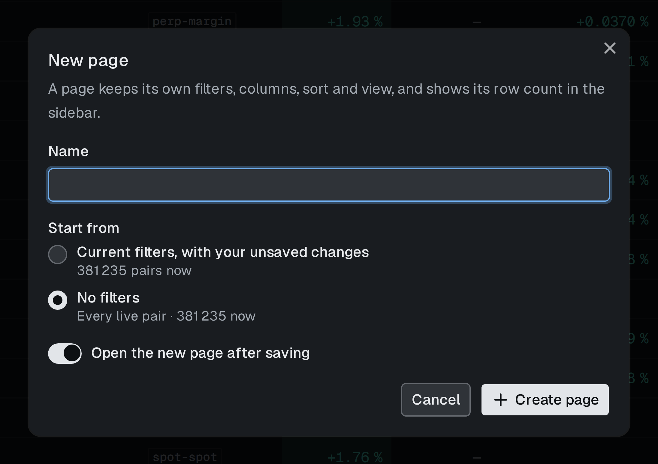 New page dialog with Name field, Start from options and the switch Open the new page after saving