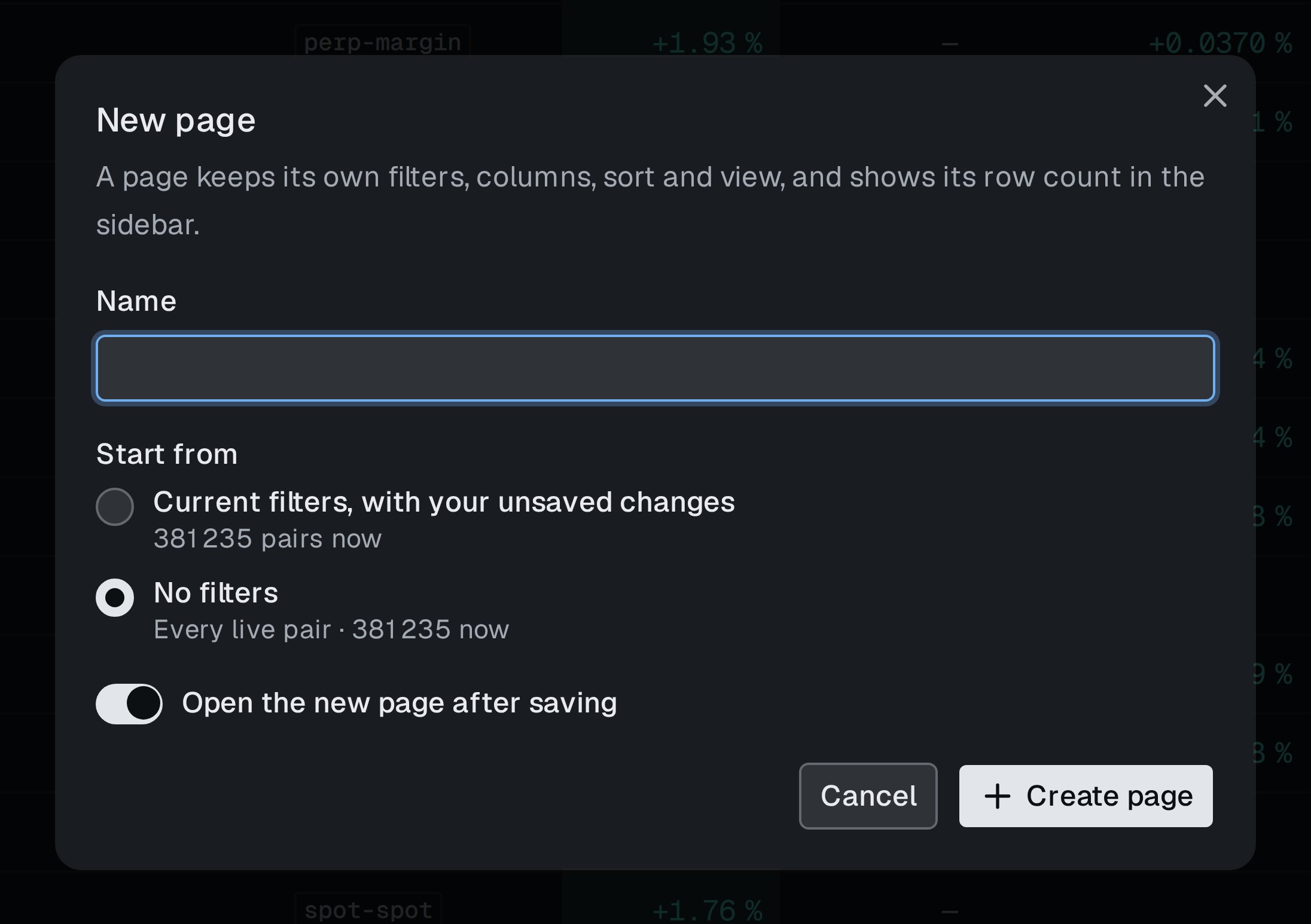 New page dialog with Name field, Start from options and the switch Open the new page after saving