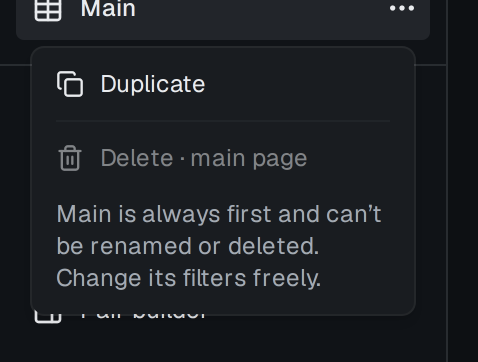 Page menu with Duplicate and Delete items