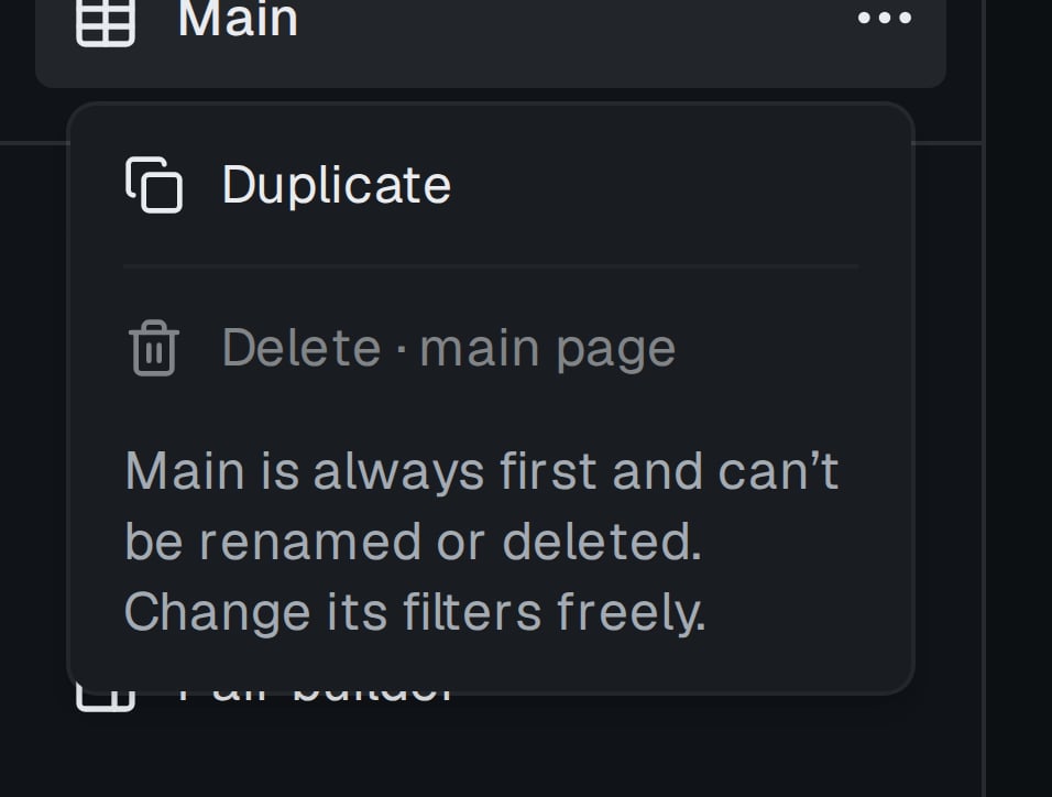 Page menu with Duplicate and Delete items