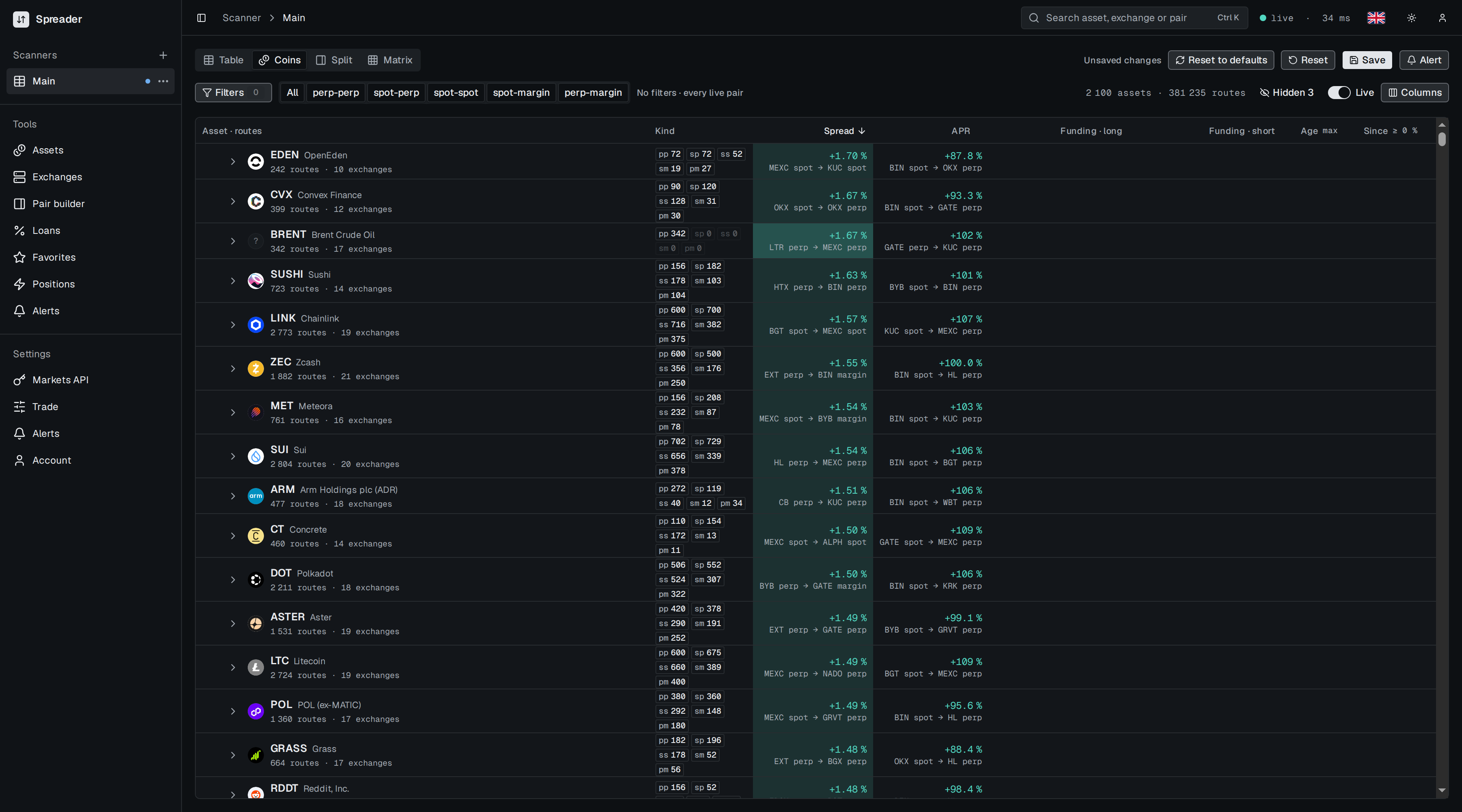 Coins view with assets, route counts per kind, best spread and best APR
