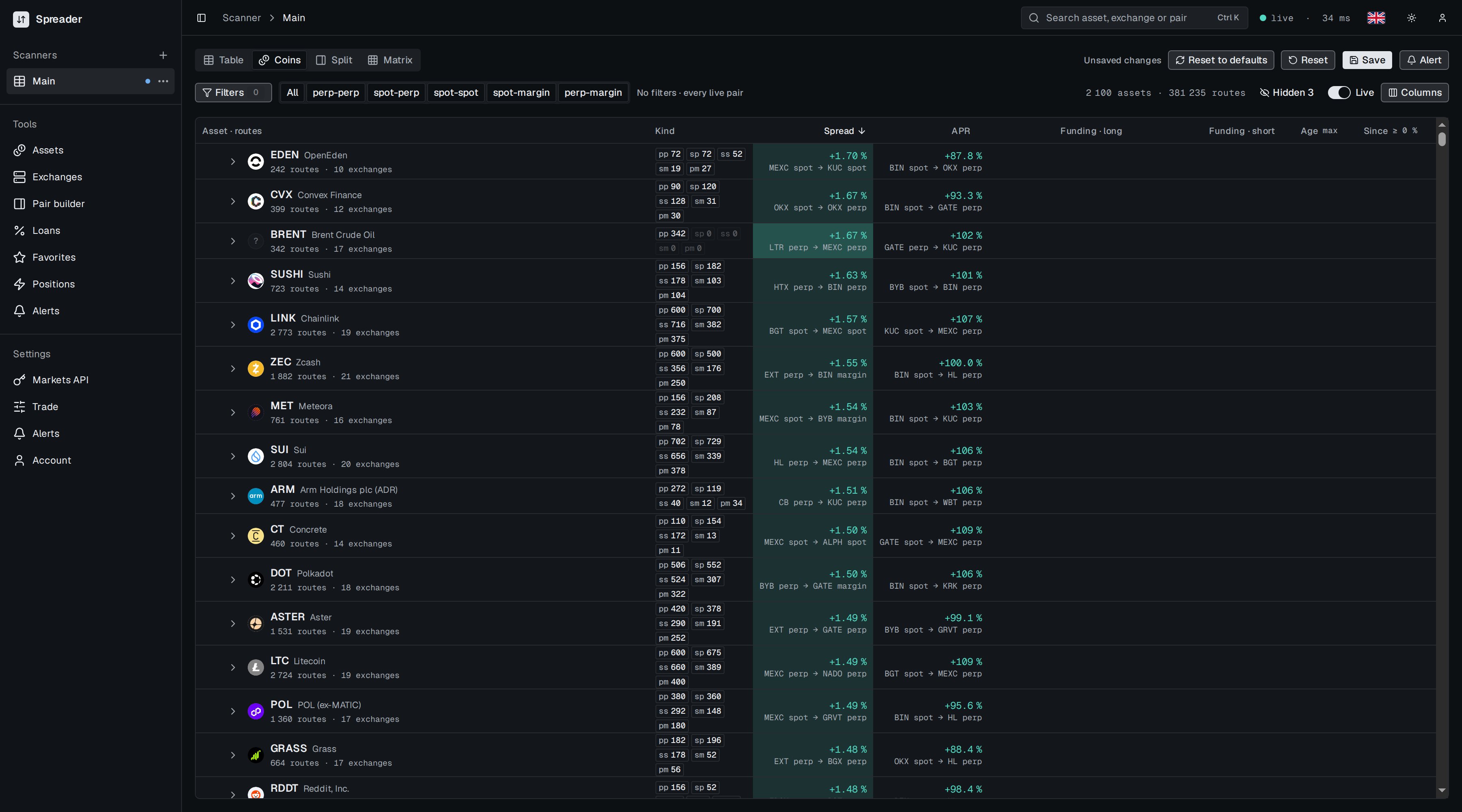 Coins view with assets, route counts per kind, best spread and best APR