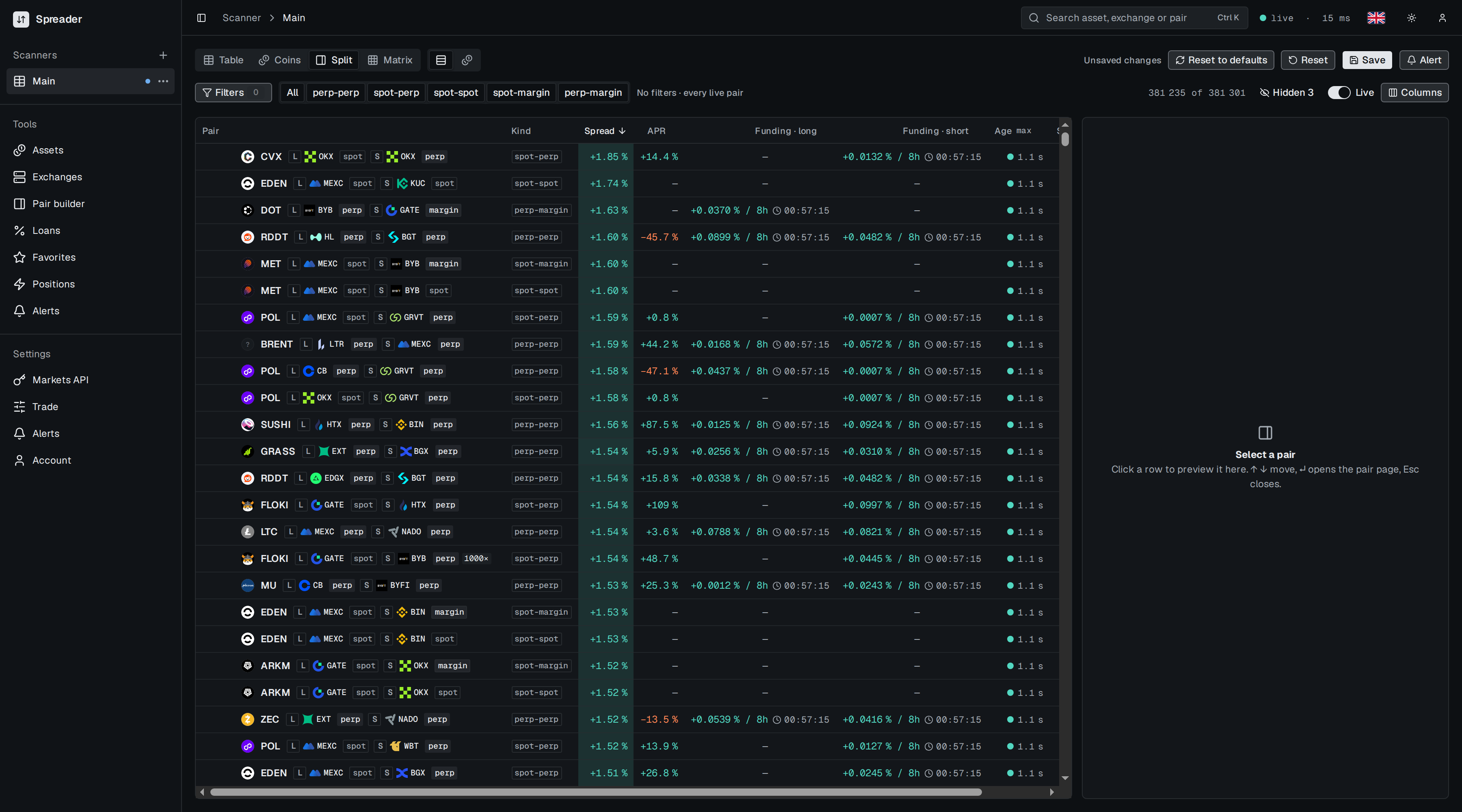Split view with a narrower table and an empty preview panel that says Select a pair
