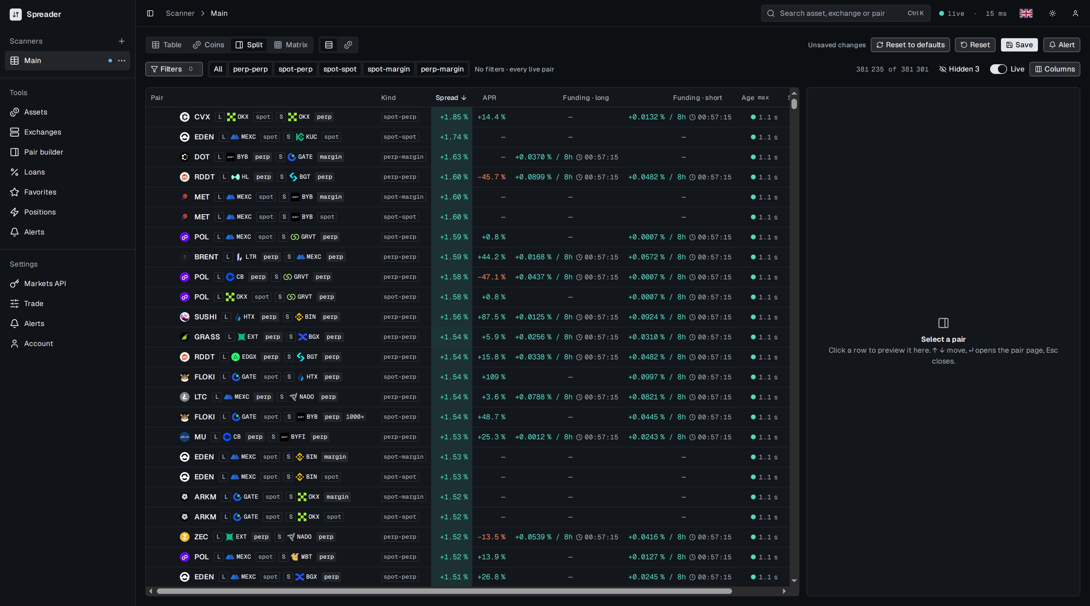 Split view with a narrower table and an empty preview panel that says Select a pair