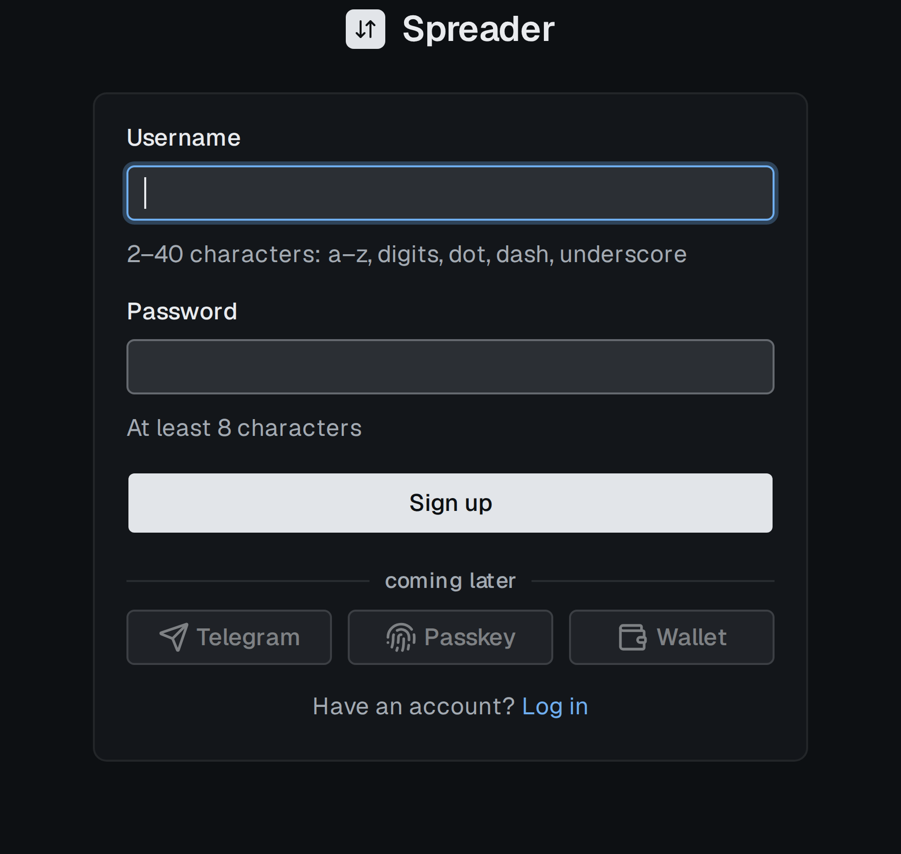 Sign up form with Username and Password fields and a Sign up button