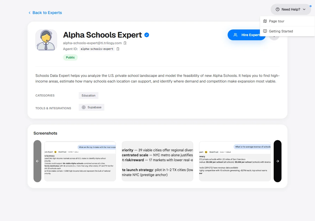 Need Help? menu open on an expert detail page, showing Page tour and Getting Started