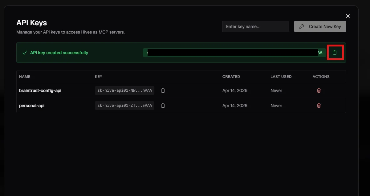 API key created successfully with copy button highlighted