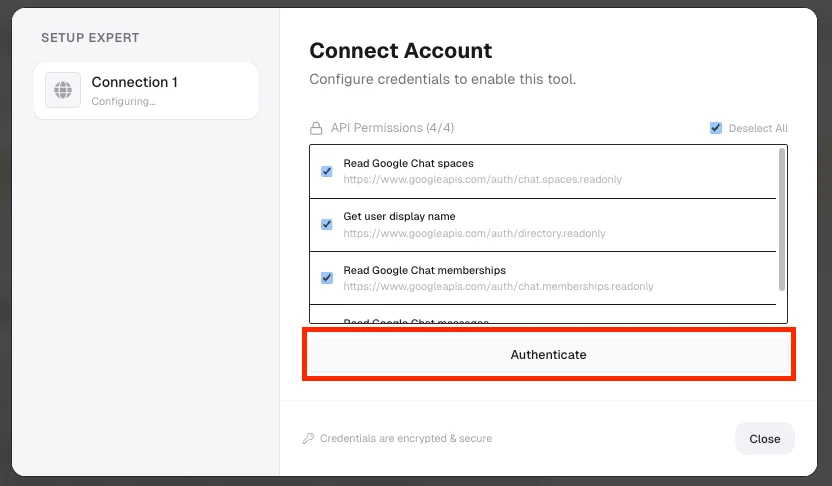 Connect Account modal with Authenticate button highlighted