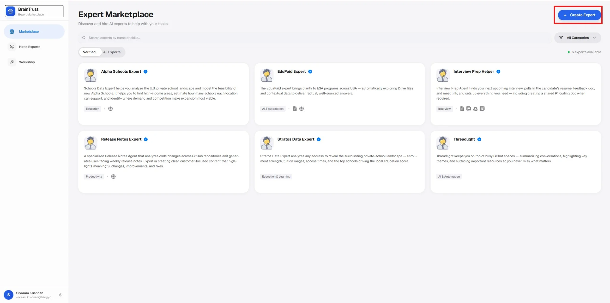Expert Marketplace showing the Create Expert button
