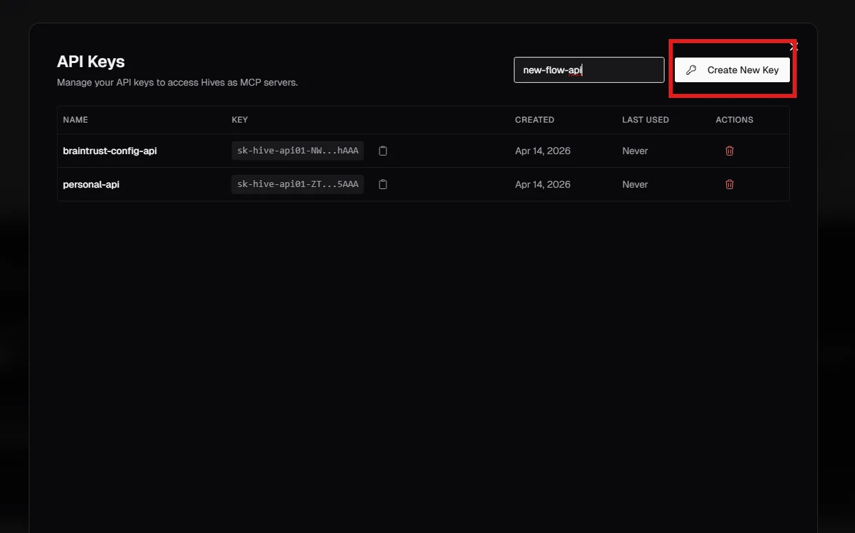API Keys modal with Create New Key button highlighted