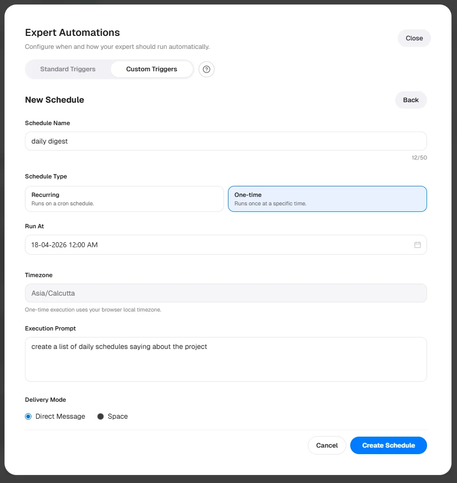 New Schedule form with One-time type selected
