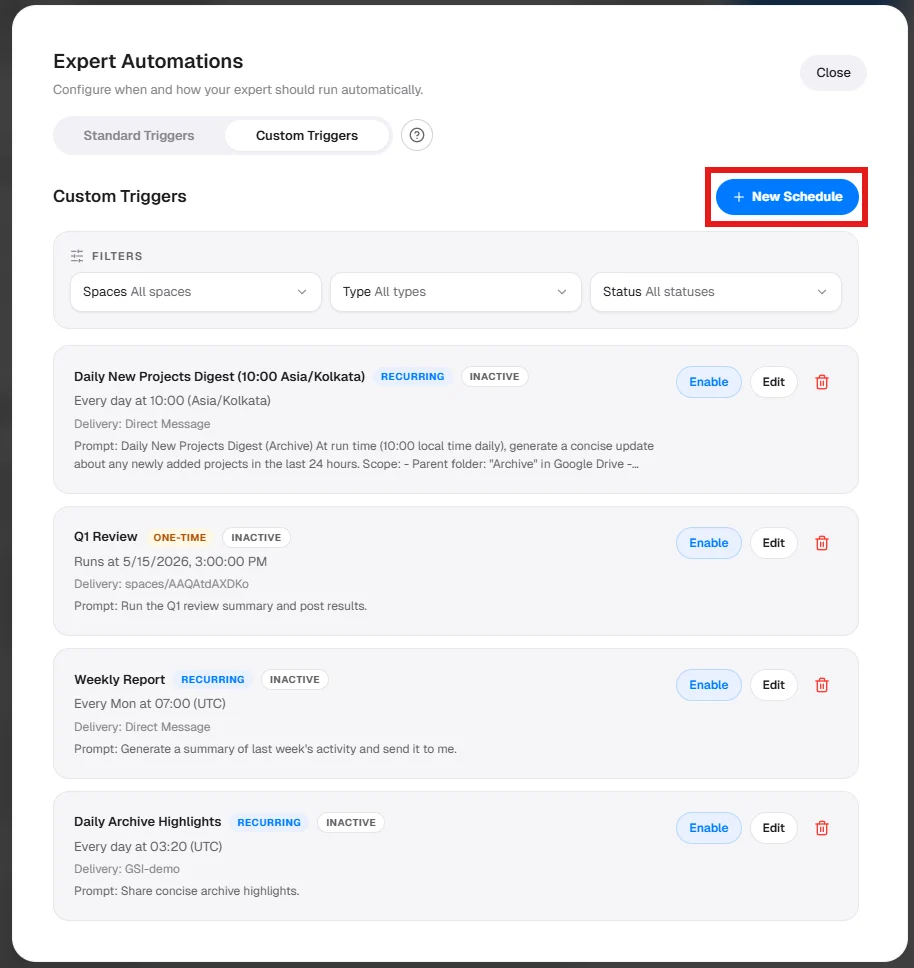 Custom Triggers tab with New Schedule button highlighted