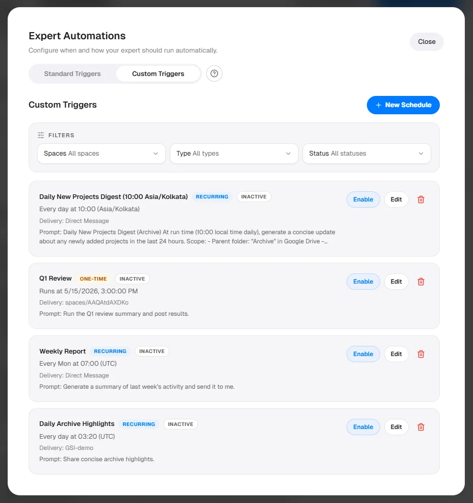 Expert Automations modal showing the Custom Triggers tab with schedule cards