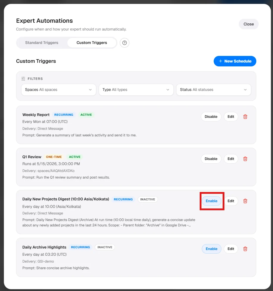 Custom Triggers list with Enable button highlighted