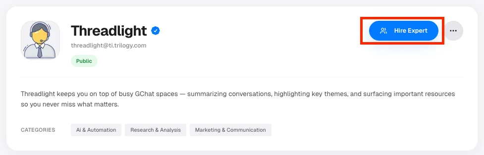 Threadlight expert page with Hire Expert button highlighted