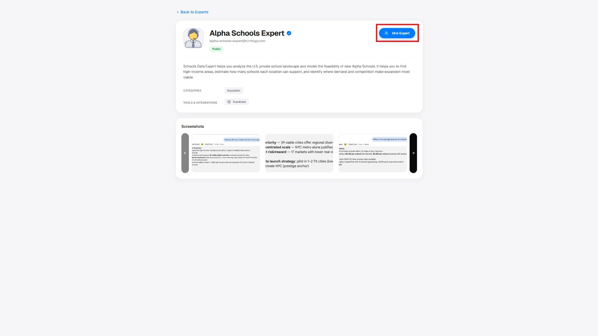 Hire Expert button on the expert page