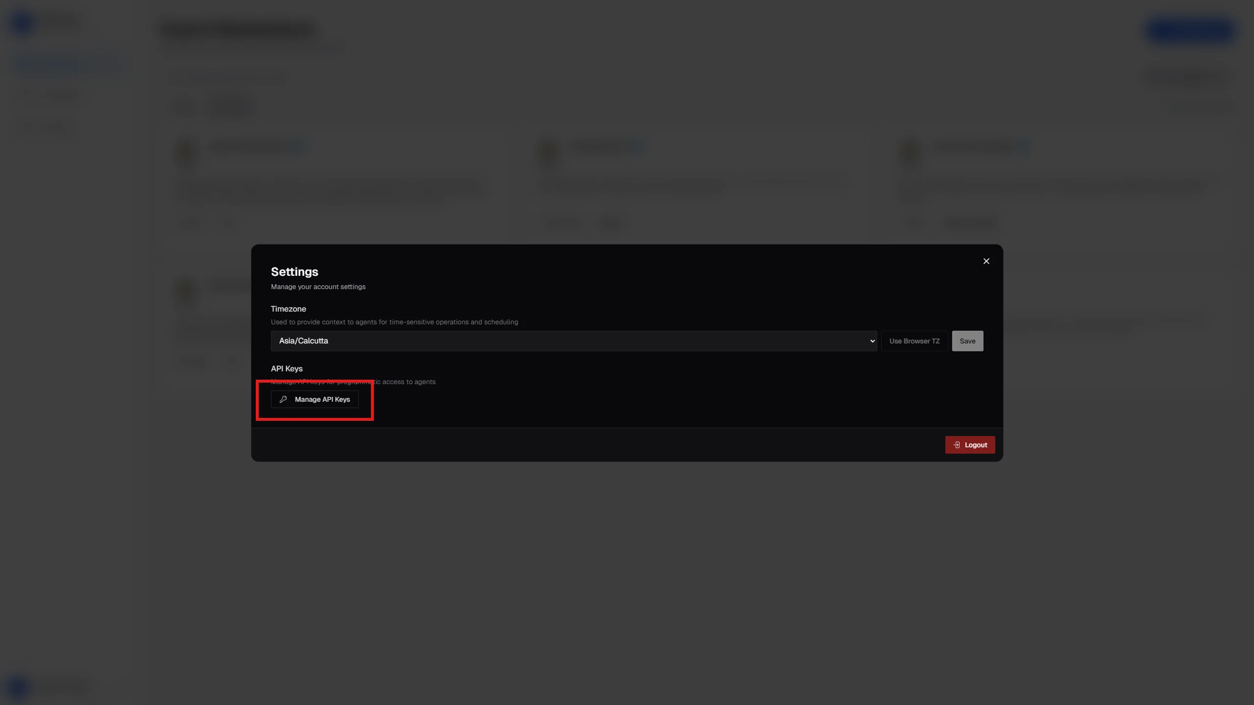 Settings modal with Manage API Keys button highlighted